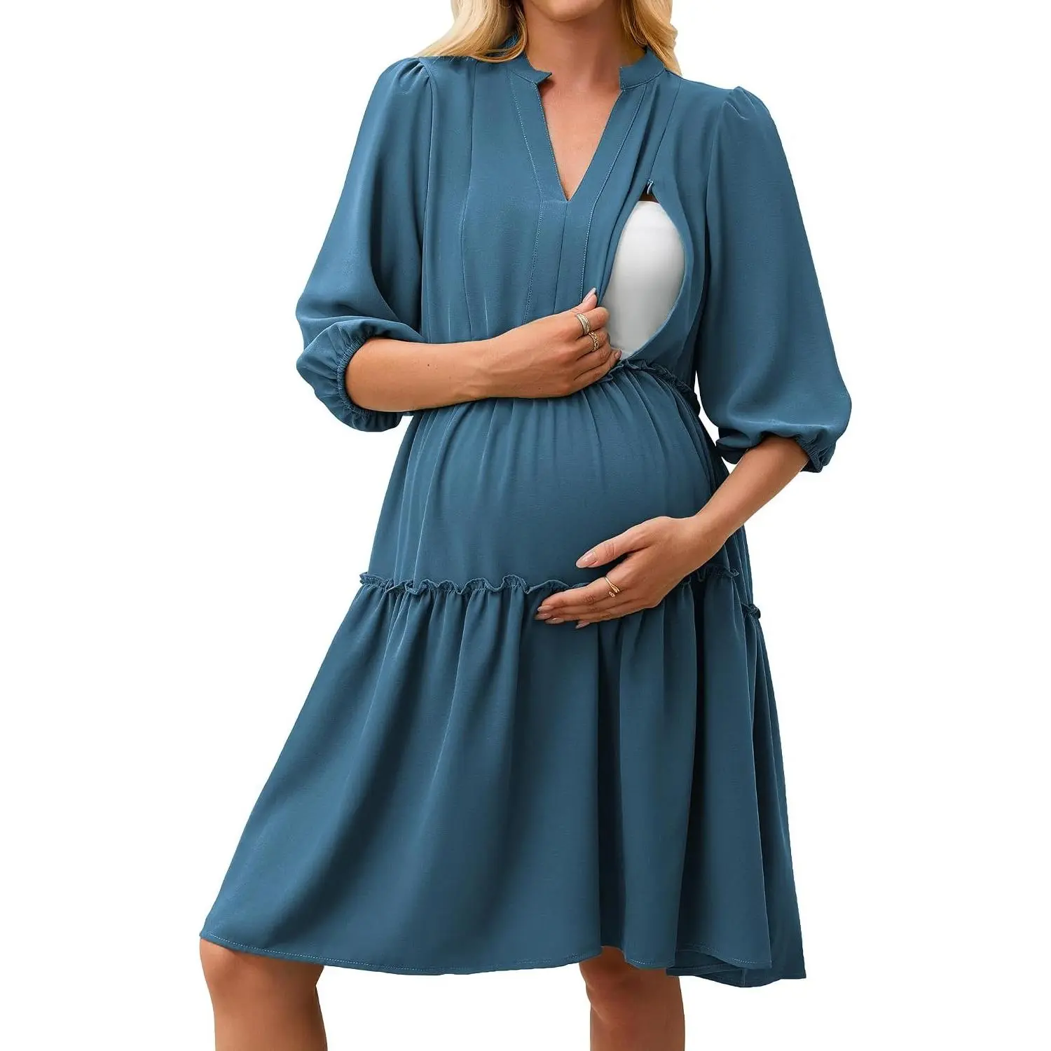 Women's Maternity Nursing Dress: V-Neck Hidden Zipper Pockets | Breastfeeding, Elastic Waist, 3/4 Sleeve, Knee Length, Season, Postpartum, Soft, Breathable, Lightweight, Machine Washable