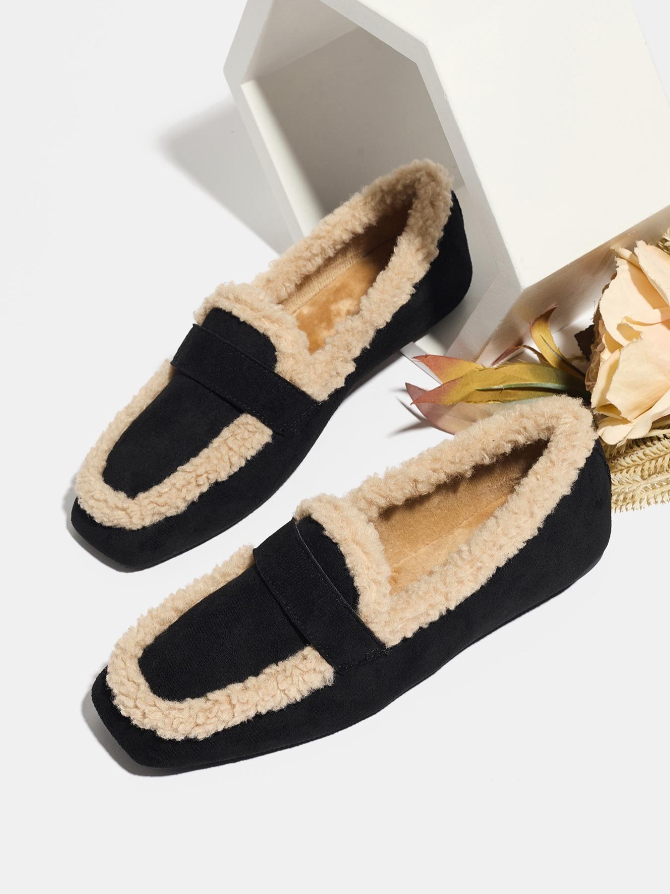 Women's Fall Winter PU Leather Casual Loafers, American Retro Style Furry Slip-On Shoes, Soft Rubber Sole, Warm & Comfortable Design