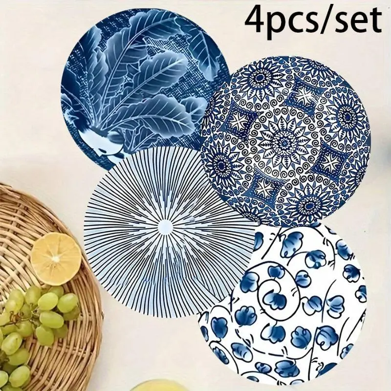 Round Porcelain-Style Coasters with Unique Blue Floral Patterns, Pack of 4, Water-Absorbent & Heat-Insulating for Home & Table Decor, Circular, Four Pieces Tableware