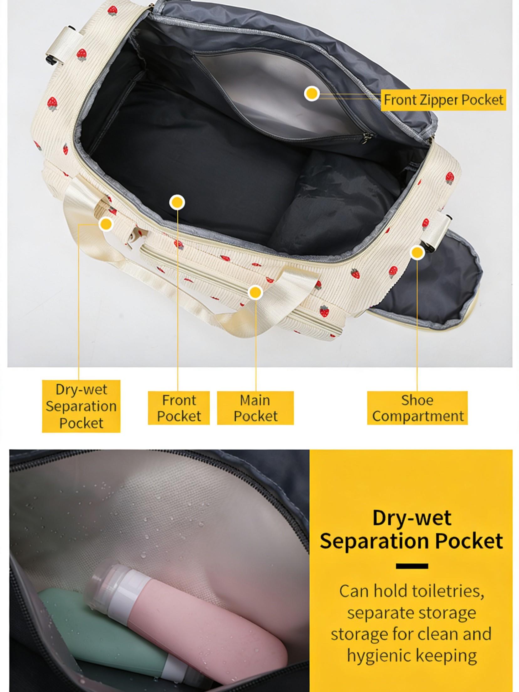 Strawberry Corduroy Handbag, Sweet Cute Style, Multi-Pocket Large Capacity, Crossbody Bag, Girl Short Trip Gym Commute Backpack