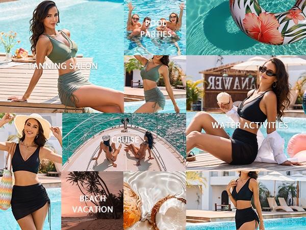 Blooming Jelly Mesh Sarong Wraps Bathing Suits Womens High Waisted Tummy Control Bikini Sets #Springtok