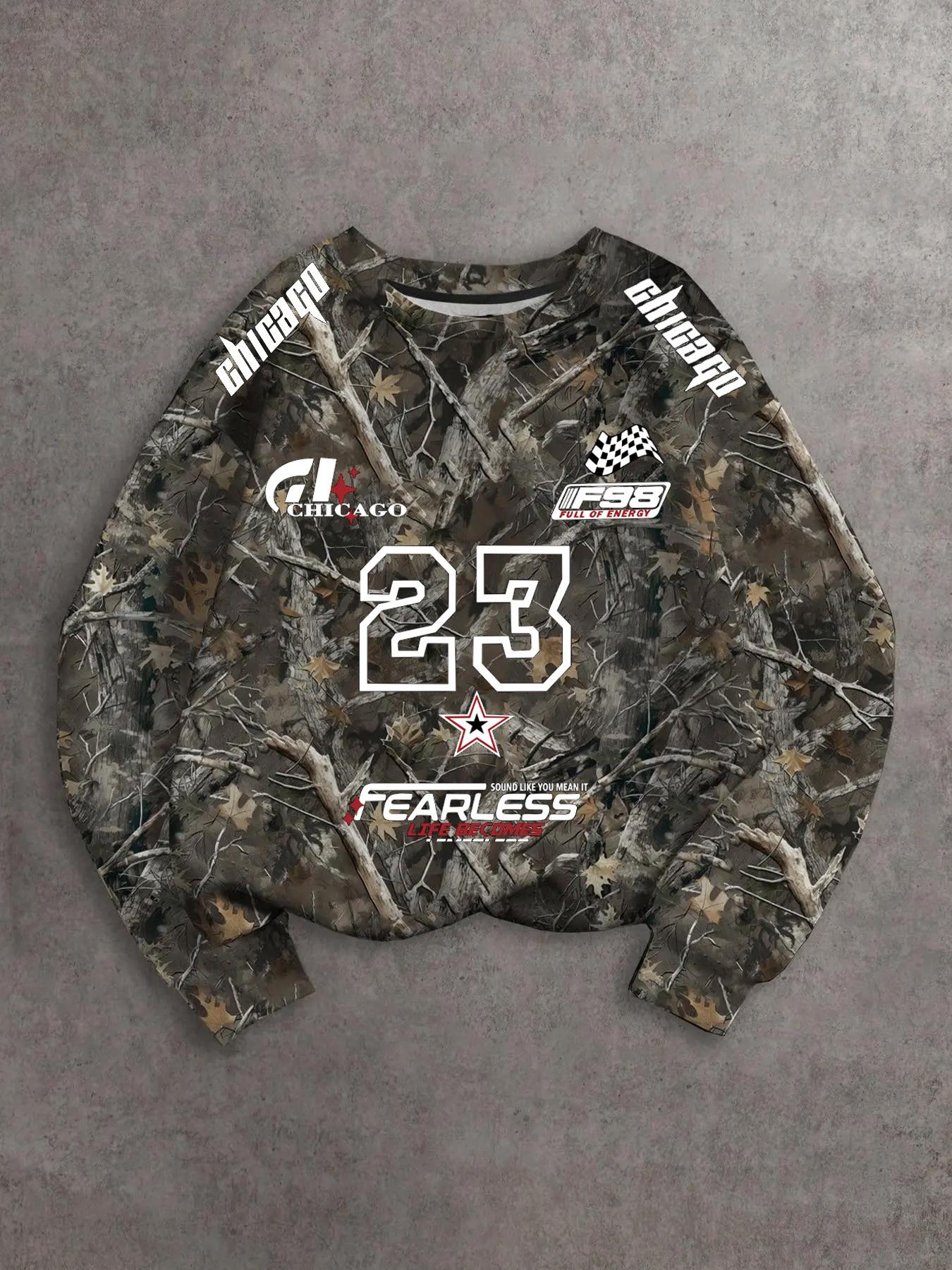 Vintage Y2K Men's Forest Tree Graphic Long Sleeve Top, Casual Thin Smooth Knit Wind Resistant Stretch Pullover Multi Retro Racing Sport Prints Chicago Sleeve Logo Branding Loose Drop Shoulder Camouflage Top