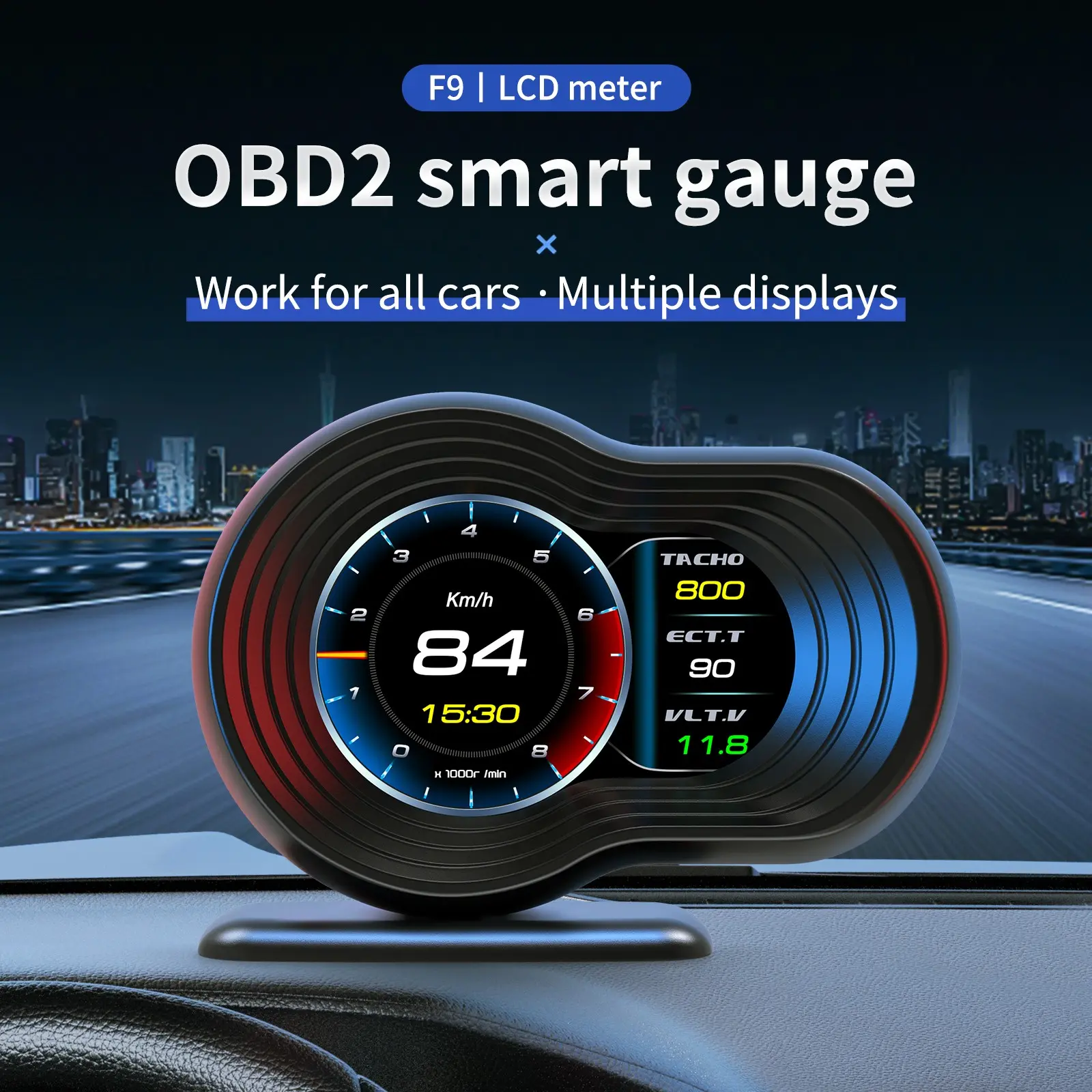 Car HUD Digital Dashboard Display Speedometer RPM Turbo Voltage Fault Code Scanner OBD2 + GPS Dual System Dashboard Gauge F9