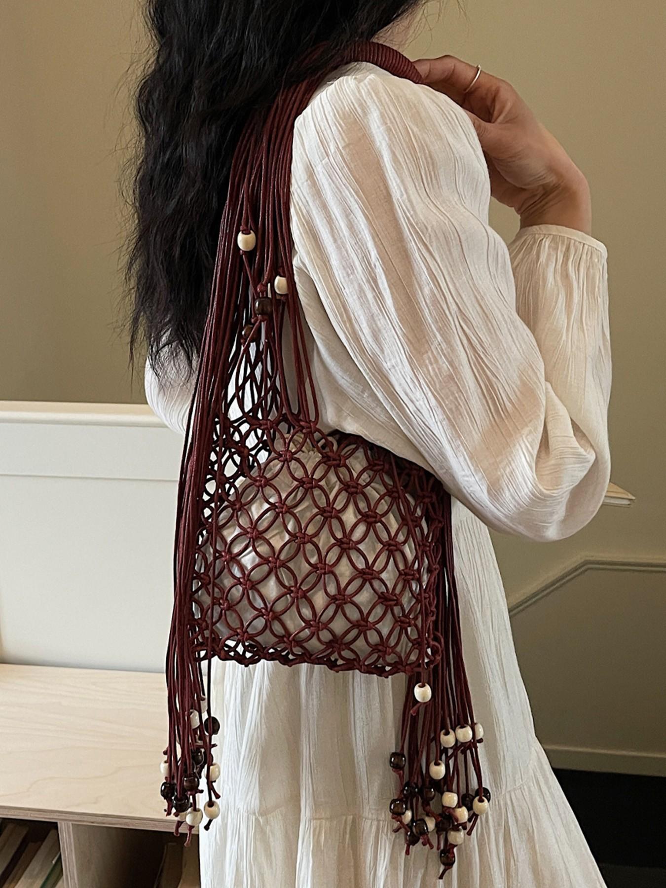 1pc Boho Macrame Fringe Shoulder Bag for Women, Handwoven Beaded Net Tote with Drawstring Lining, Summer Beach Woven Hobo Handbag