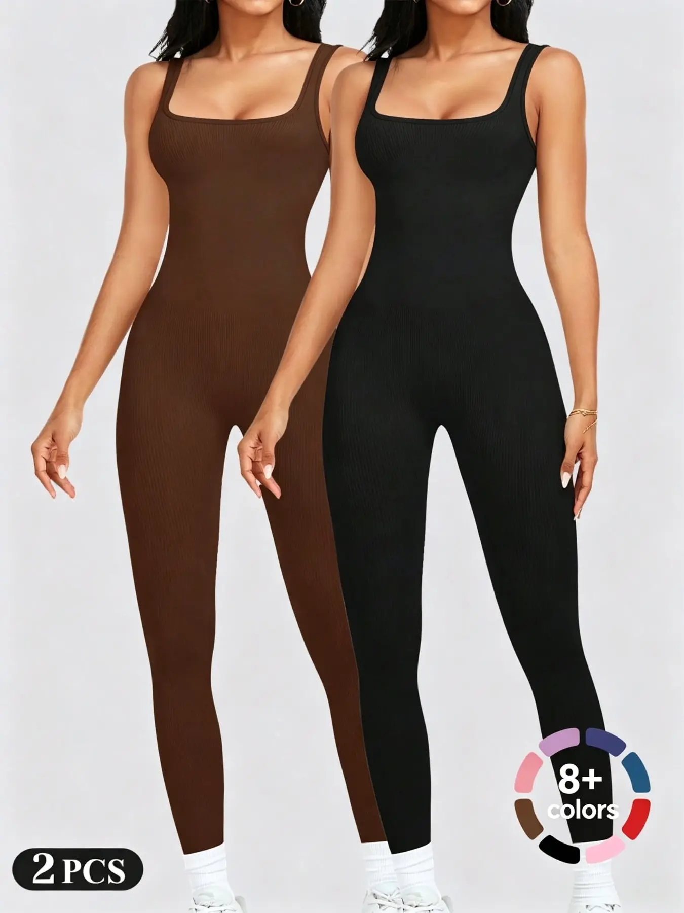 1/2/3 Pcs Womens Workout Rompers Jumpsuits Seamless Ribbed Yoga Gym One Piece Sleeveless Square Neck Tank Top Leggings Unitard