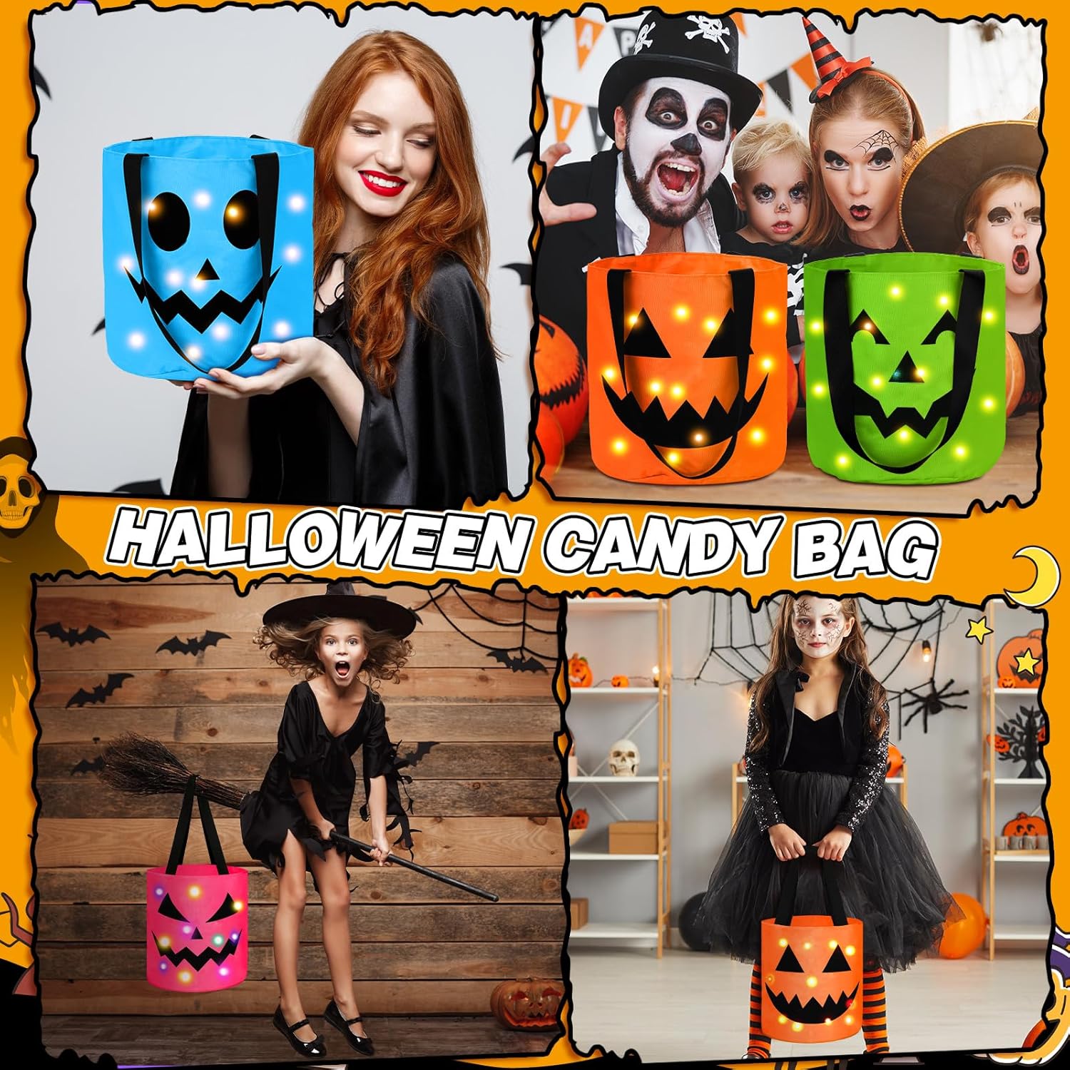4-Pack LED   halloween Treat Bags  Night Light Bag Pumpkin Candy Buckets for Trick-or-Treating  halloween inside deco