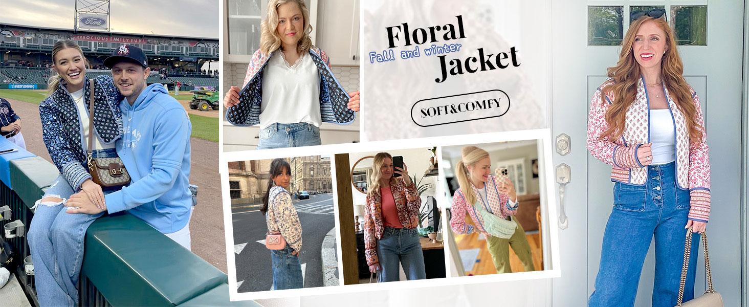 Women's Cropped Floral Quilted Jacket Cardigan Printed Lightweight Open Front Padded Puffer Coat-New Products
