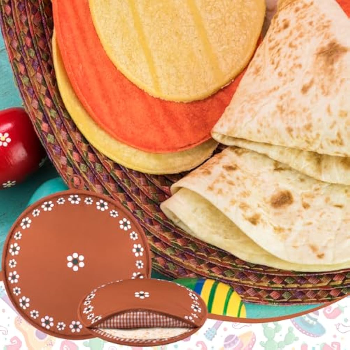 Fiesta Print Insulated Soft Fabric Microwave Tortilla Warmer Pouch, Heat-Retention Reusable Food Keeper Bag, Kitchen Accessory for Family Dinners & Home Cooking Parties
