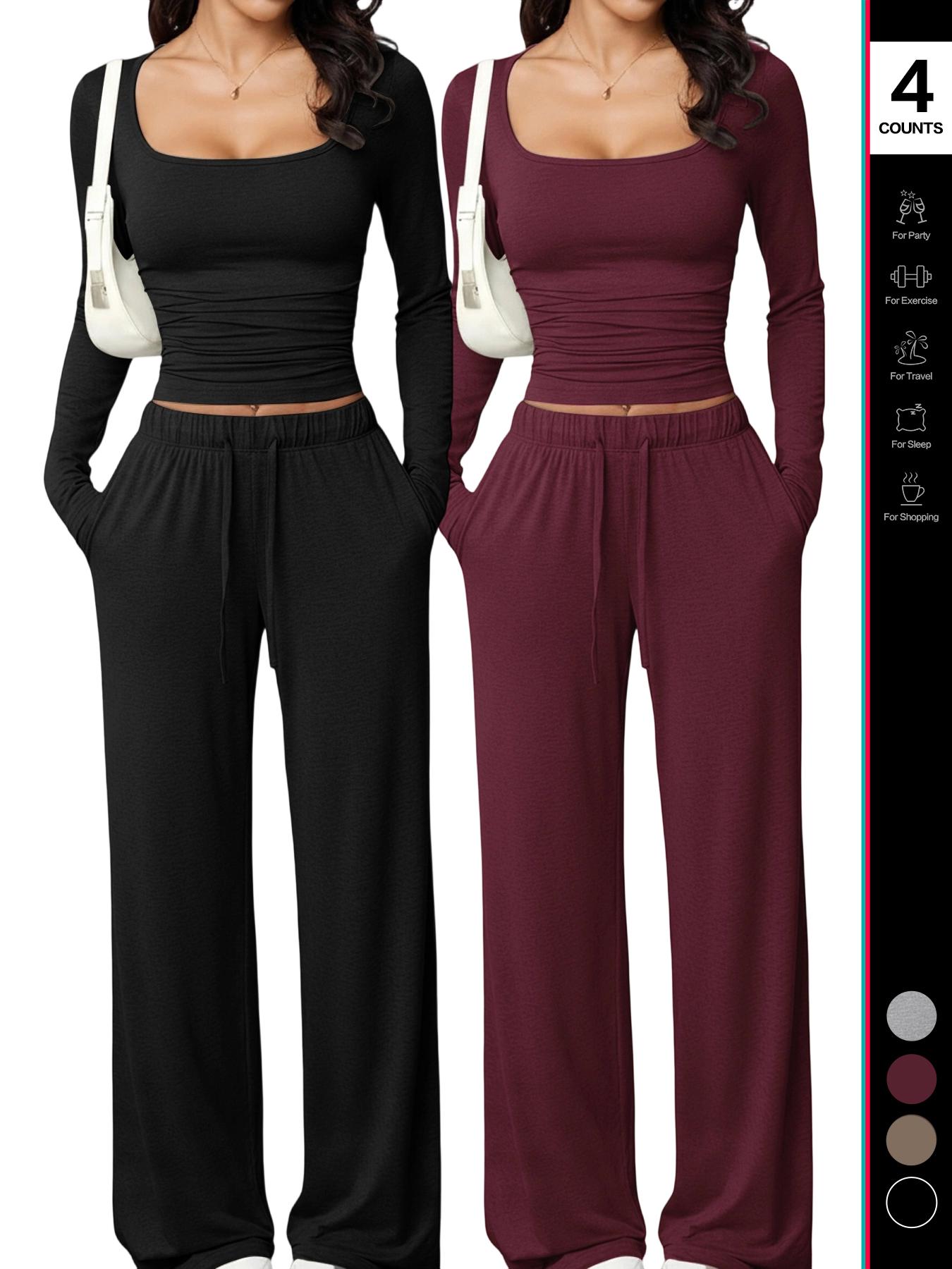 Women's 2 Piece Matching Lounge Set, Fitted Square Neck Long Sleeve Crop Top, High Waisted Wide Leg Drawstring Pants, Casual Sweatsuit