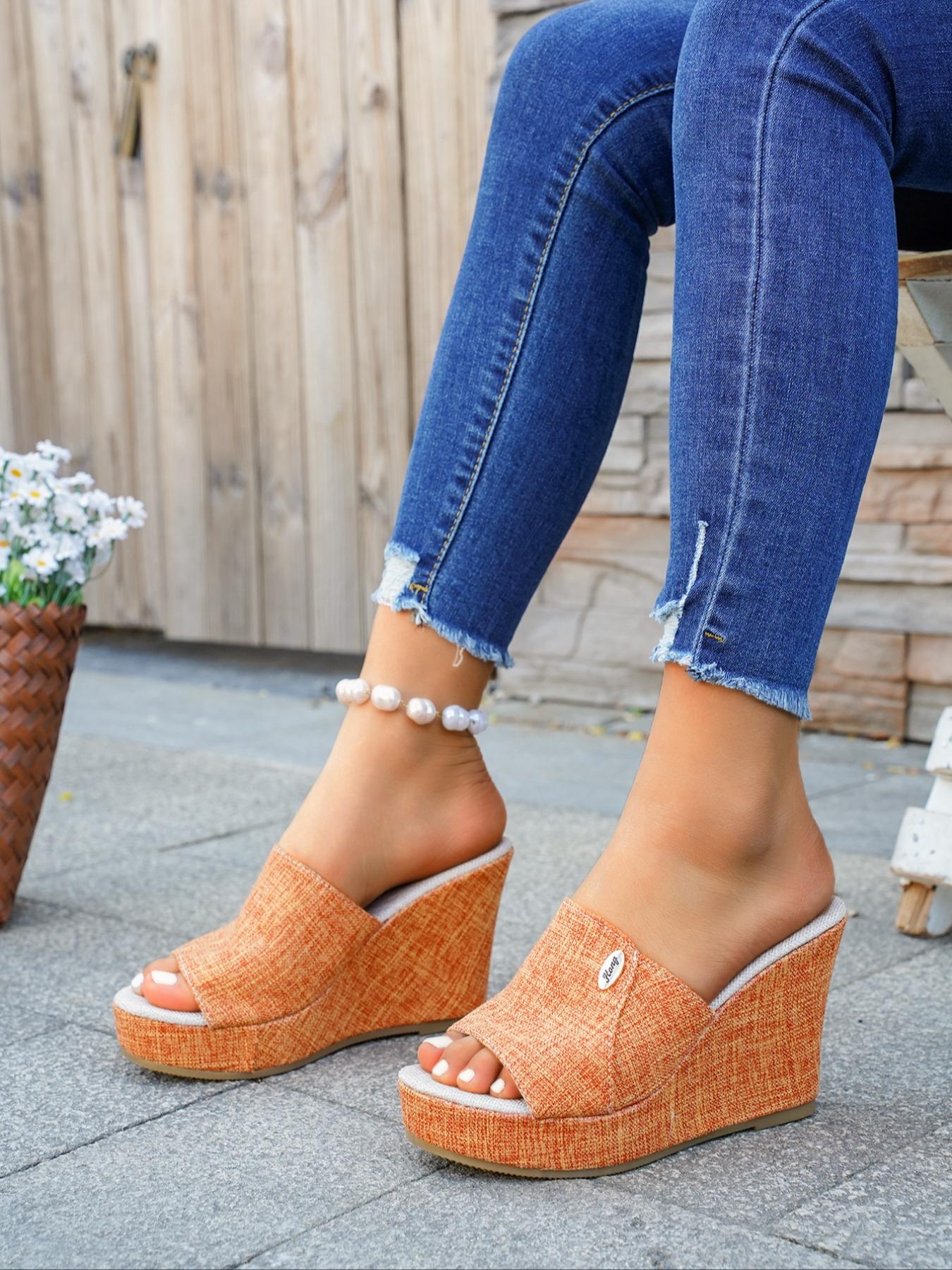 Women's Casual High Heel Sandals, Fish Mouth Open Toe Slip-On Summer Vacation Style, Textile Fabric Wedge Shoes