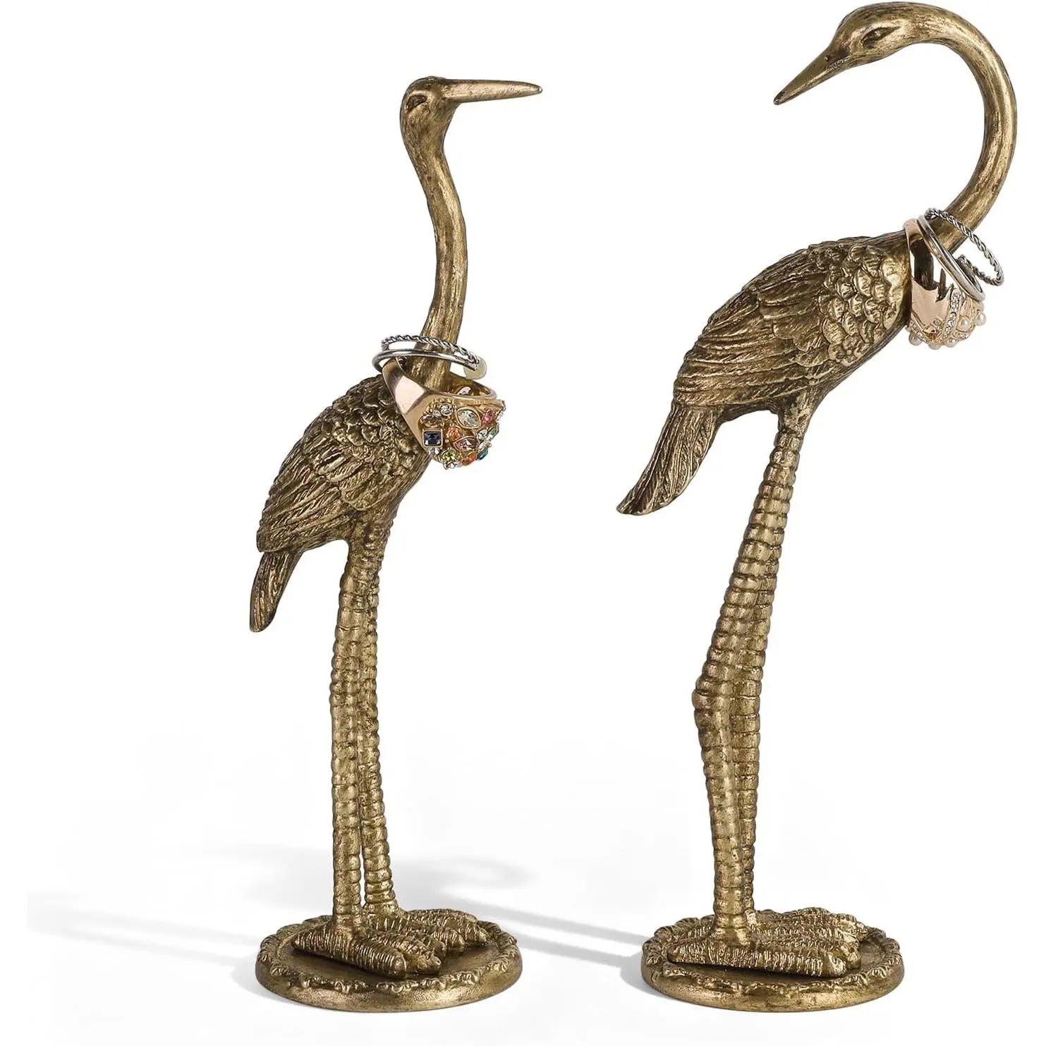 Gold Crane Figurine Ring Holders Set of 2, Jewelry Display Stand