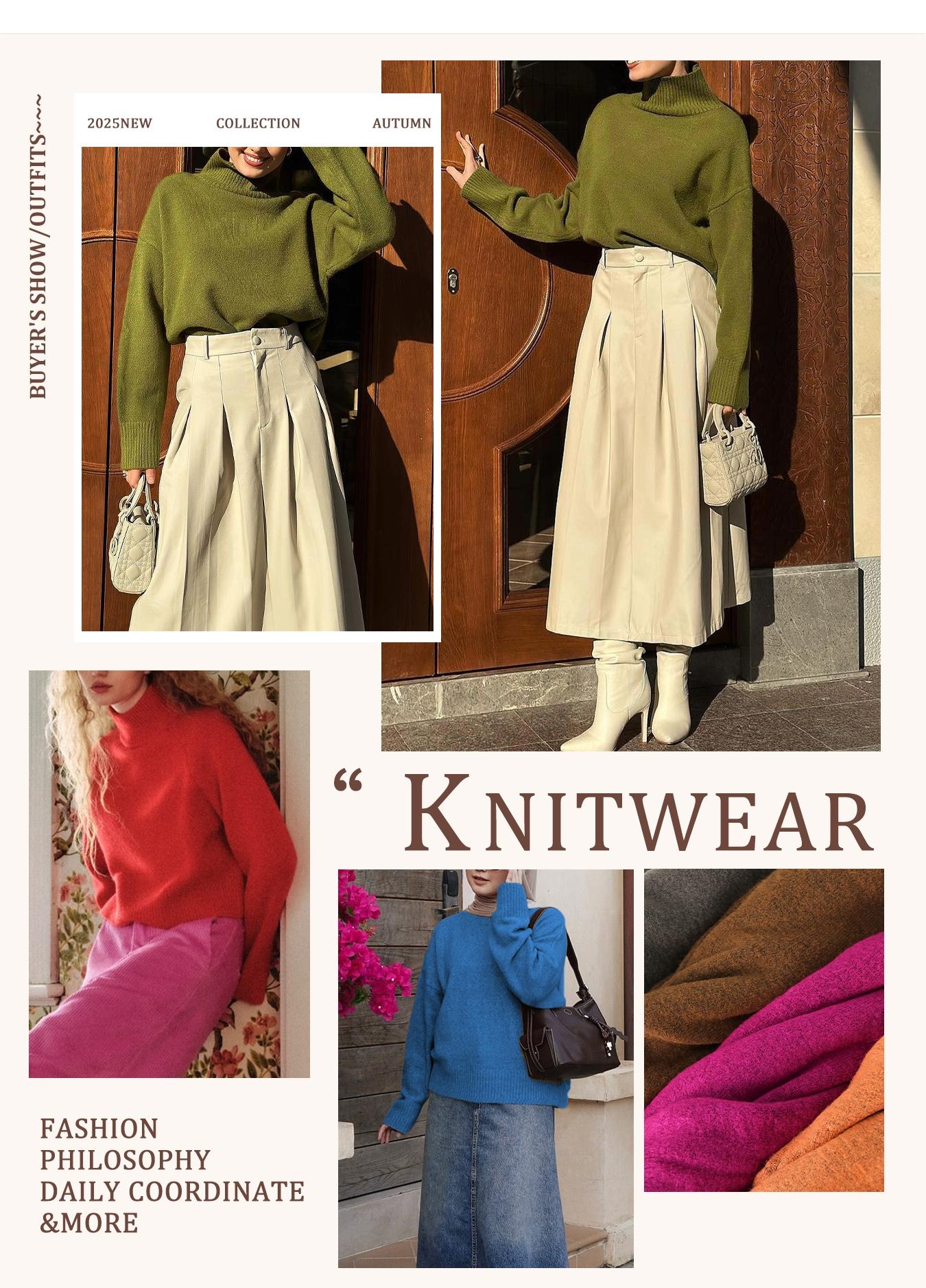 Autumn Winter Women's Sweater, High Neck Loose Casual French Style Knitwear, Elegant Simple Solid Color Pullover, Long Sleeve Knit Top