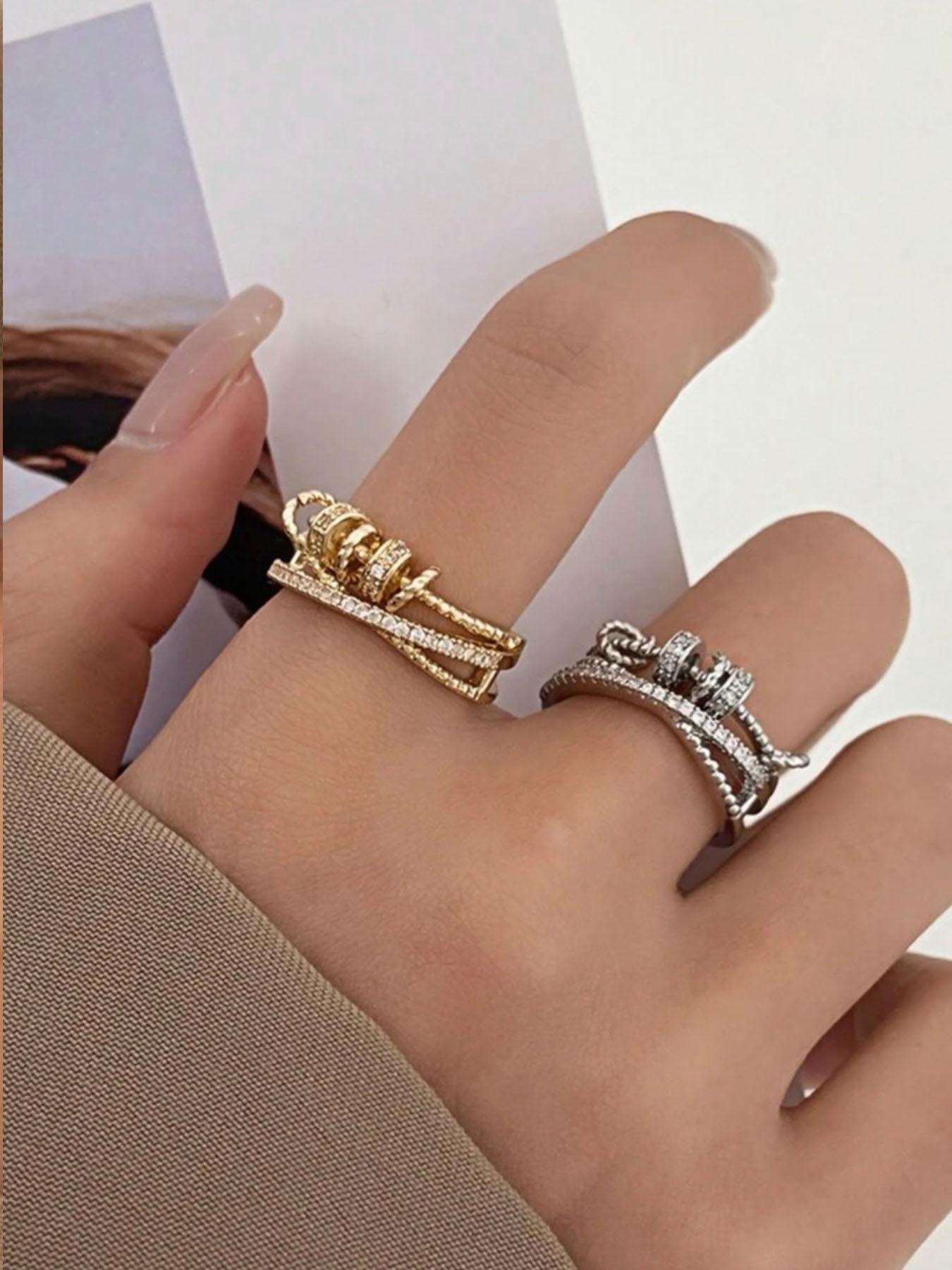 Multi-layer Rotating Cross Design Ring, Rhinestone Inlay Adjustable Anxiety Relief Fidget Spinner Ring, Fashion Jewelry Accessories for Women