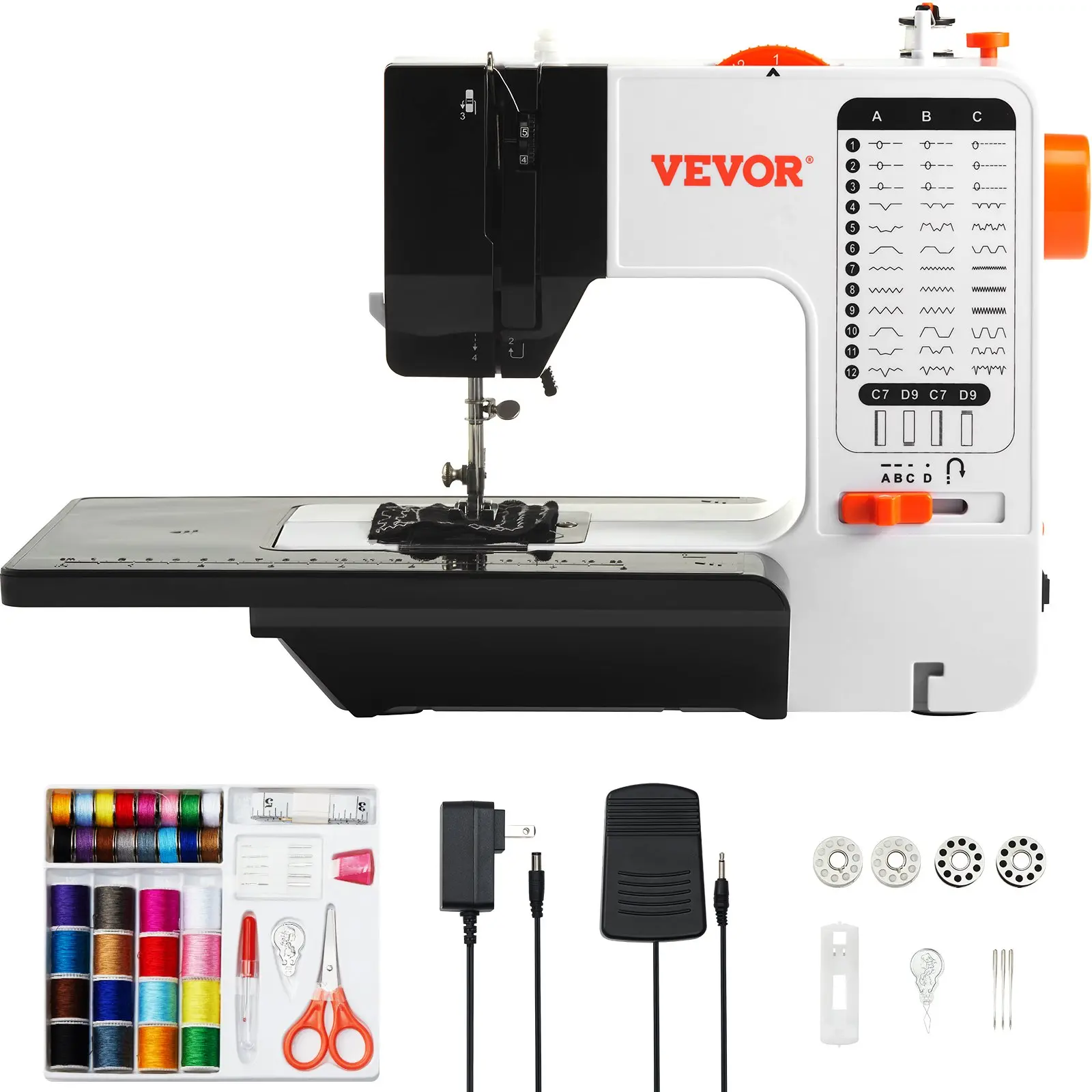 VEVOR Beginner-Focus Portable Sewing Machine with 38 Built-in Stitches, Reverse Sewing, Dual Speed, Extension Table, Foot Pedal & Accessory Kit for Home Use