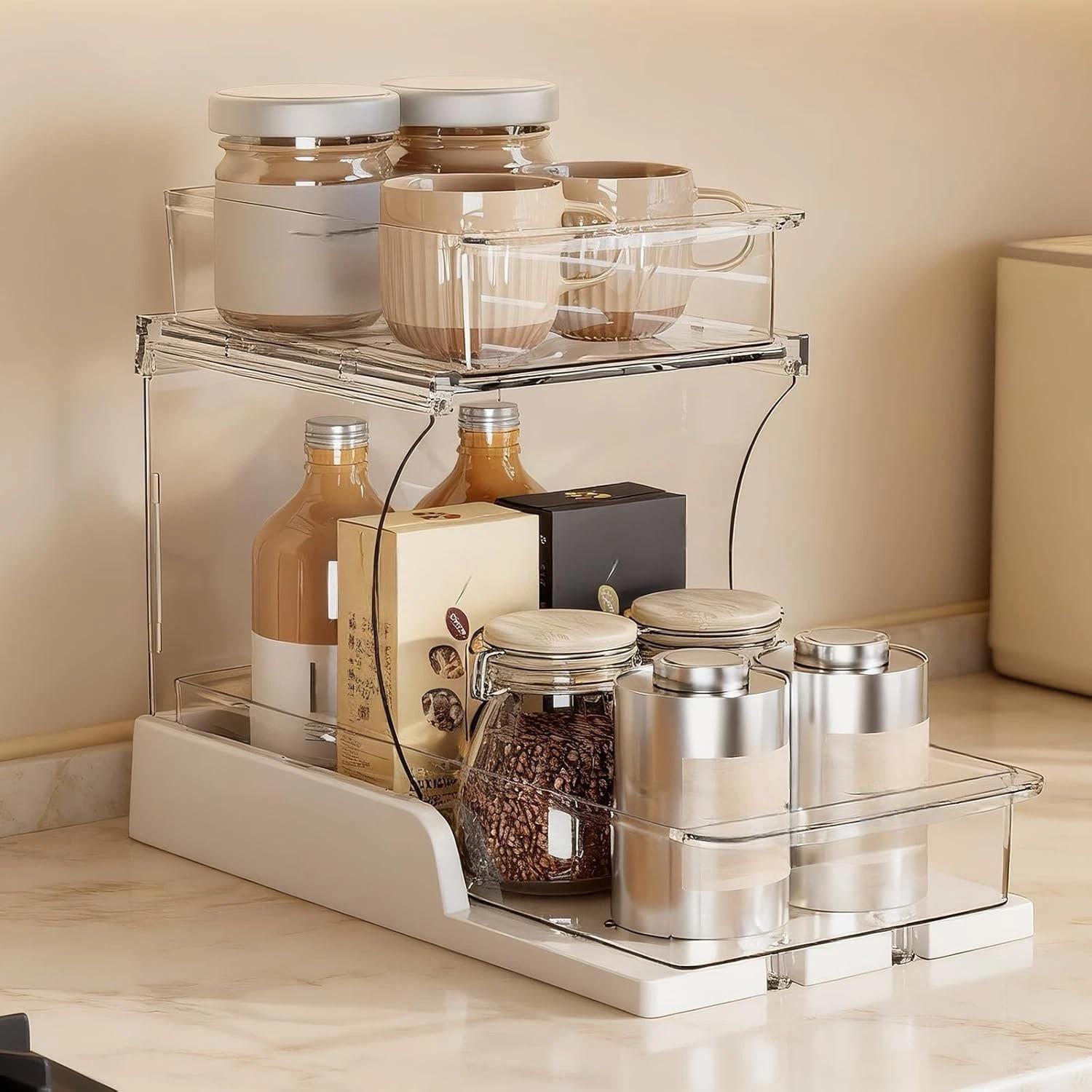 Double Layer Pull-Out Cabinet Organizer, Rotating Sliding Drawer Storage Rack, Kitchen and Bathroom Use, Under Cabinet Storage Shelf