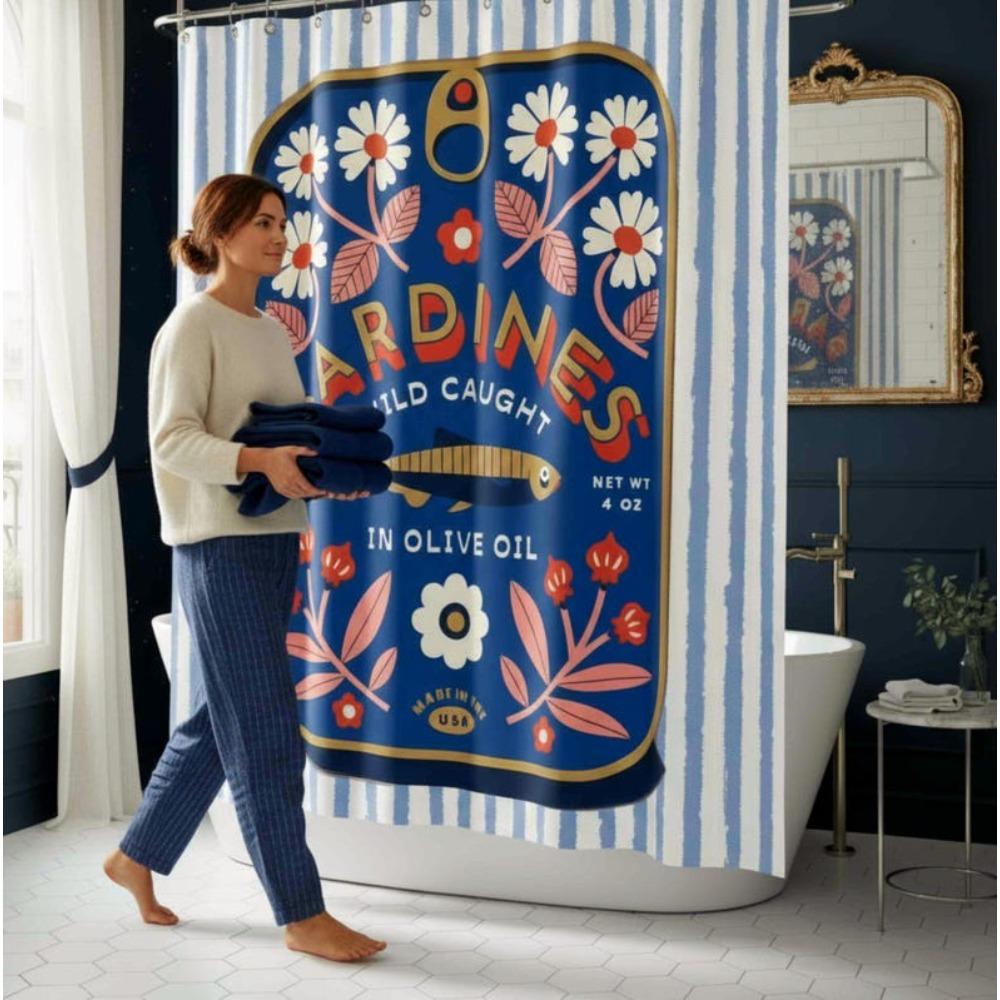 Tinned Fish Shower Curtain Sardine Bathroom Decor Bold Colorful Nautical Theme Coastal Ocean Lover Gift Funky Retro Sea Life Bath Decor
