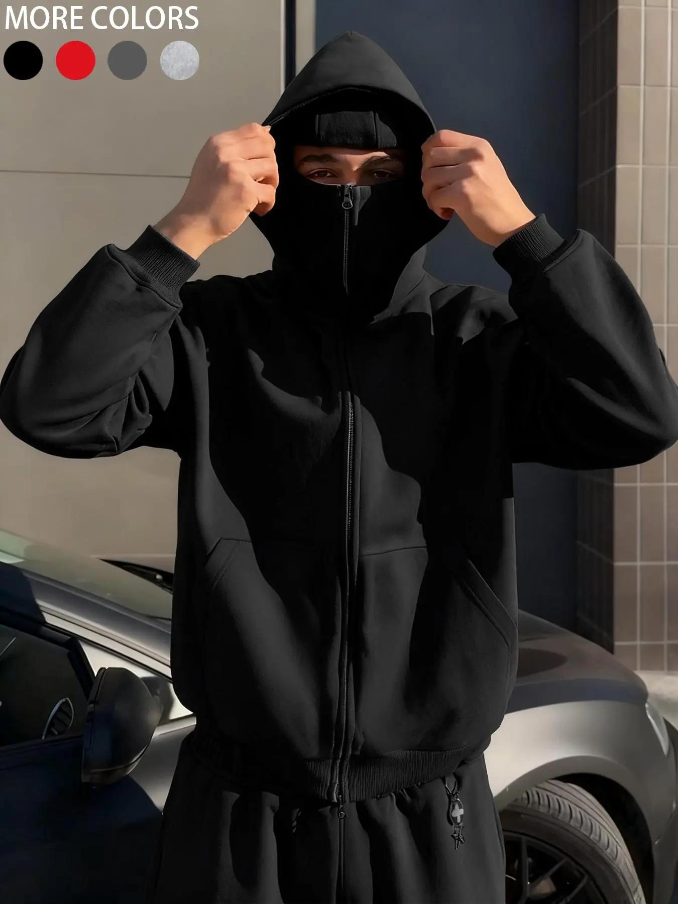 Men's Ninja Hooded Sweatshirt Y2K Style, Loose Fit Streetwear Mask Pullover, Windproof Double Layer Hoodie Jacket for Winter