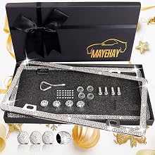 Pink License Plate Frame 2 Packs Bling License Plate Frame for Women Sparkly Diamond License Plate Frames Glitter Bedazzled Rhinestone License Plate Frame with Pink Tire Valve Caps with Giftbox