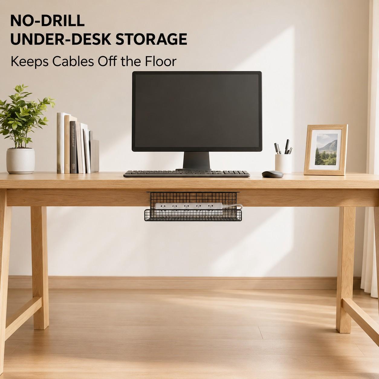 Wall-Mounted Desktop Cable Organizer, No Drilling Installation, Power Outlet & Adapter Holder, Metal, Home Office, Gaming Desk