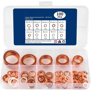 Copper Washers, Oil Drain Plug Washer, 100 count Copper Crush Gasket Assortment Kit - 10 Different Sizes Flat Sealing Crush Washers (M5-M20) for Automotive, Plumbing, Electrical, Mechanical.