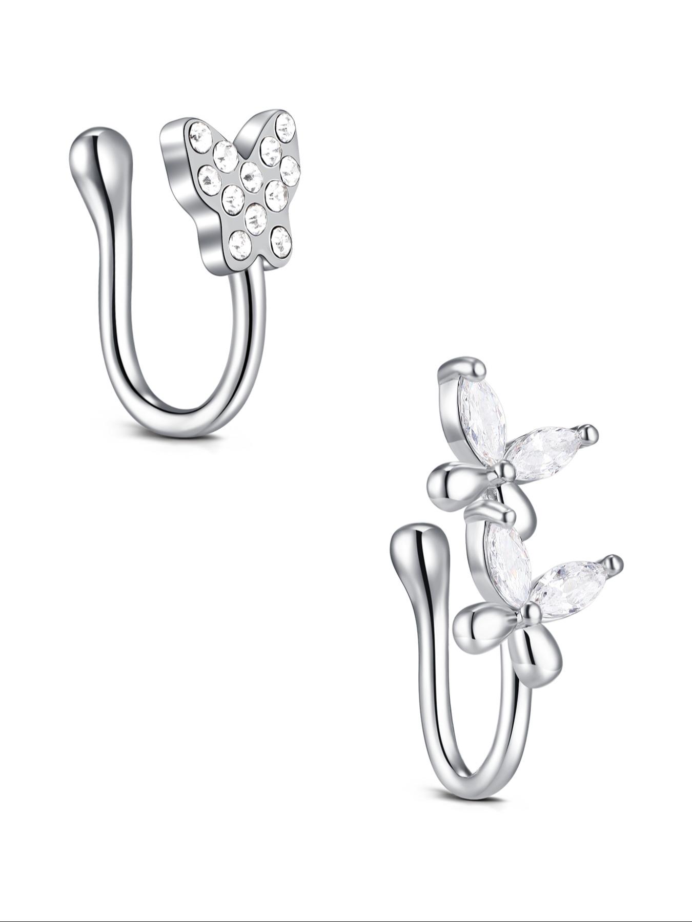 Non-Piercing Zirconia Nose Ring Clip, Nose Cuff, Moon Butterfly Design, Silver Color, Elegant Women's Jewelry Accessory, No Piercing Needed