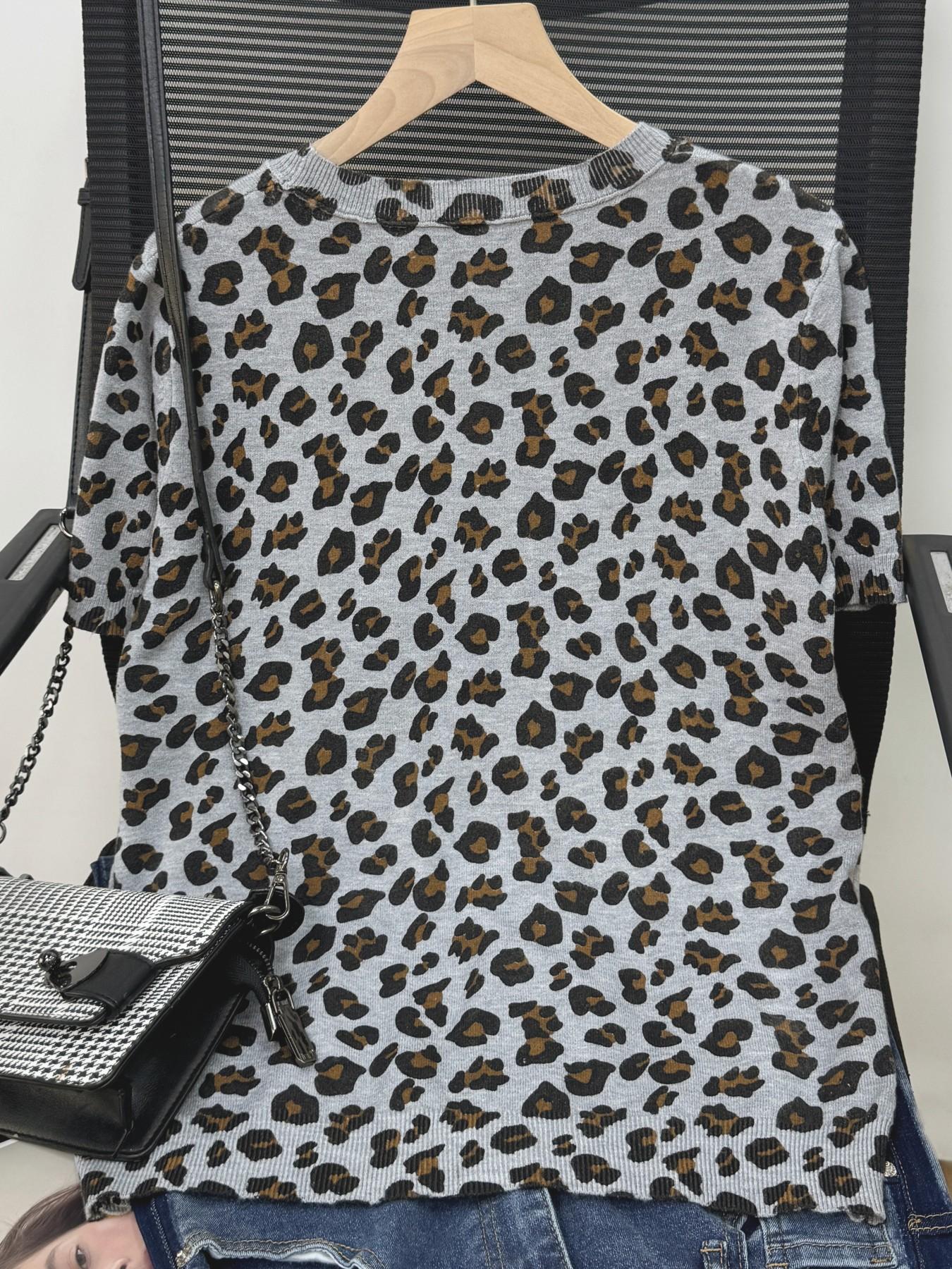 Women's Retro Leopard Print Short Sleeve Knit Sweater, Fall New Round Neck Slim Fit Versatile Commuter Top, Stylish Casual Wear Knitwear
