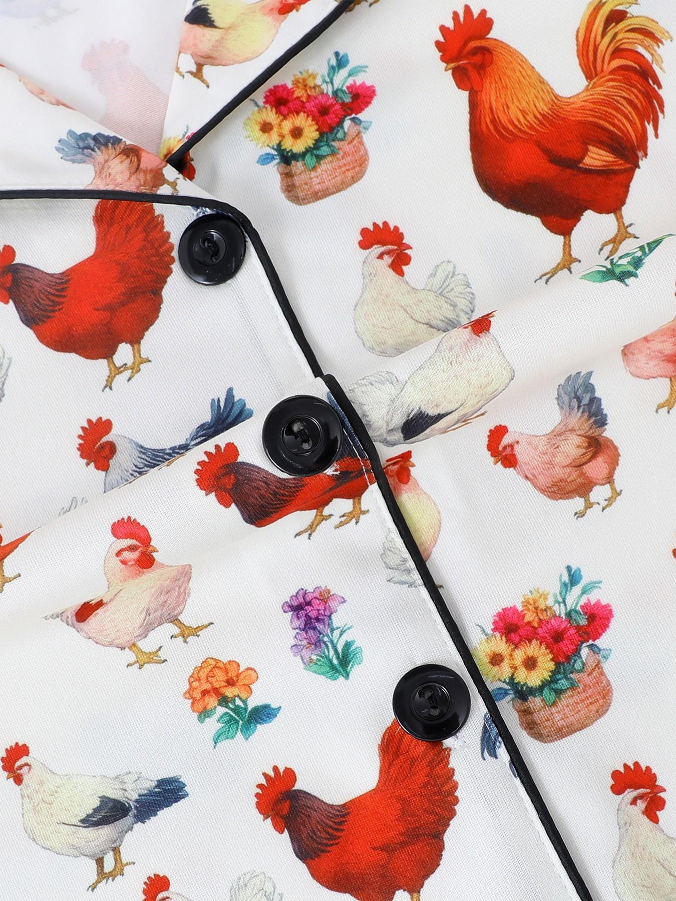 Sleepwear Sets, Cute Rooster Cartoon Pattern, Fashionable Button-Down Design, Short Sleeves & Shorts, All Seasons Wear