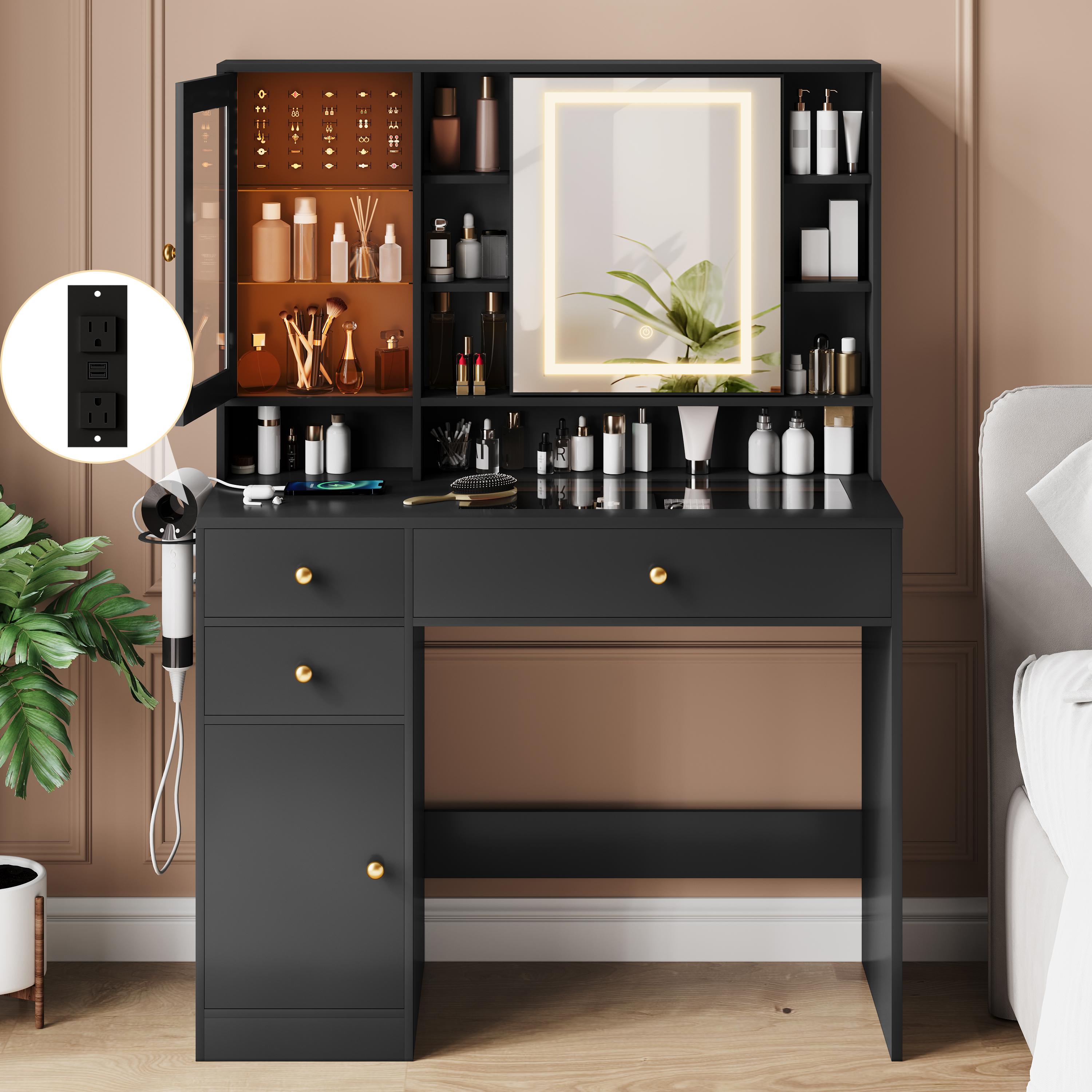Small Space Vanity,Makeup Vanity Desk with Mirror and Lights,  LED Lights & Power Outlet, 3 Drawers & 2 Cabinets, 8 Storage Shelves, Adjustable Lighting，Dressers for bedroomVanity mirror