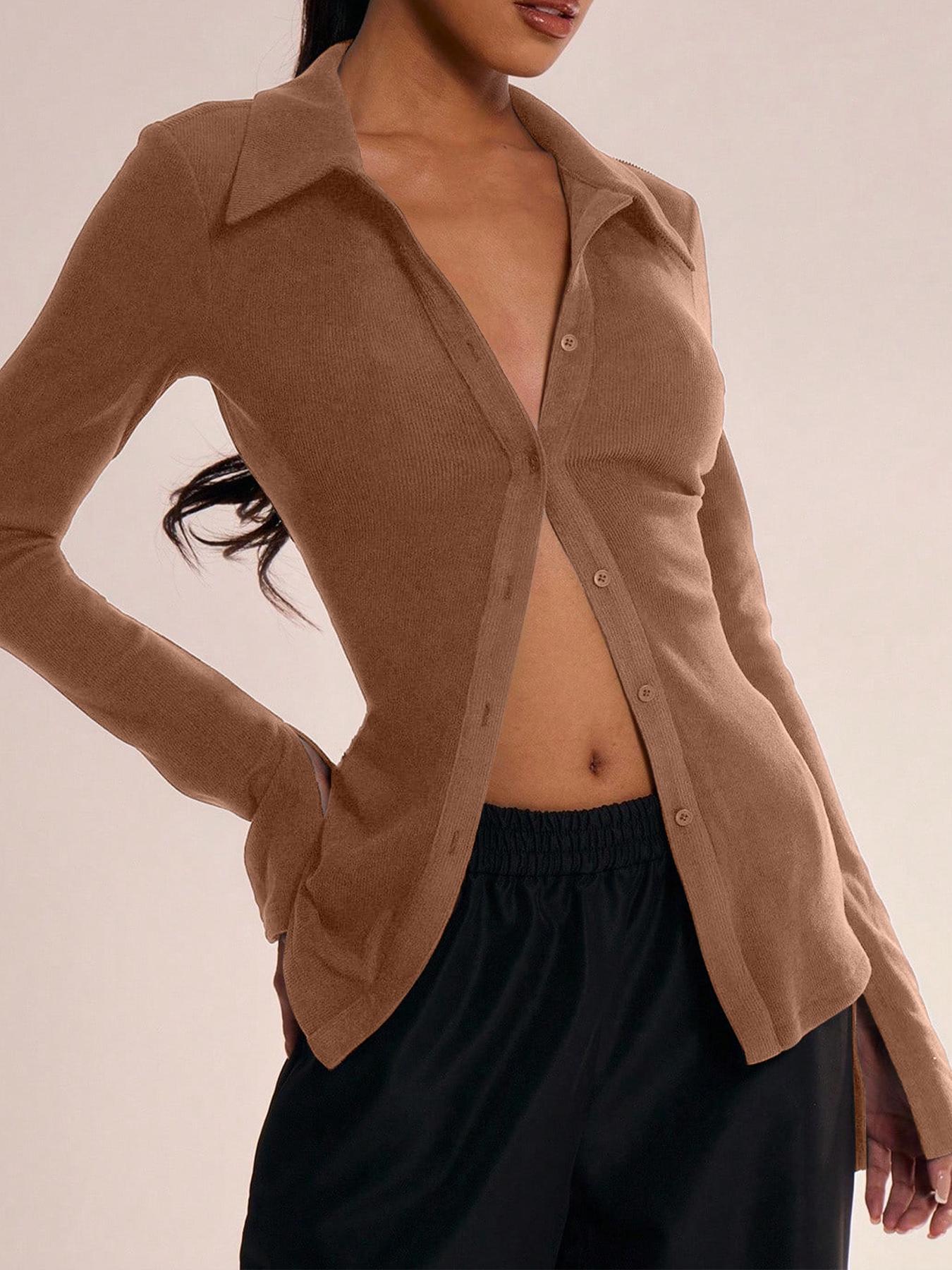 Women's Casual Long Sleeve Shirt Collar Button Design, Fitted Plain Top for All Seasons, Moderate Fabric Knit Women's Clothing, Womenswear