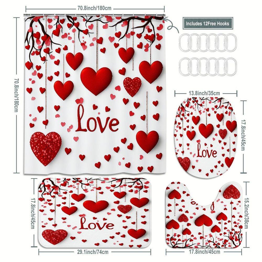 4pcs Romantic Valentine's Day Bathroom Decor Set - Elegant White Shower Curtain with Red and Pink Heart Motif, Adorable Matching Bathroom Mat, Toilet Base Rug, and Lid Cover, Perfect for Creating a Love-Inspired Oasis in Your Home Shower Curtain Sets
