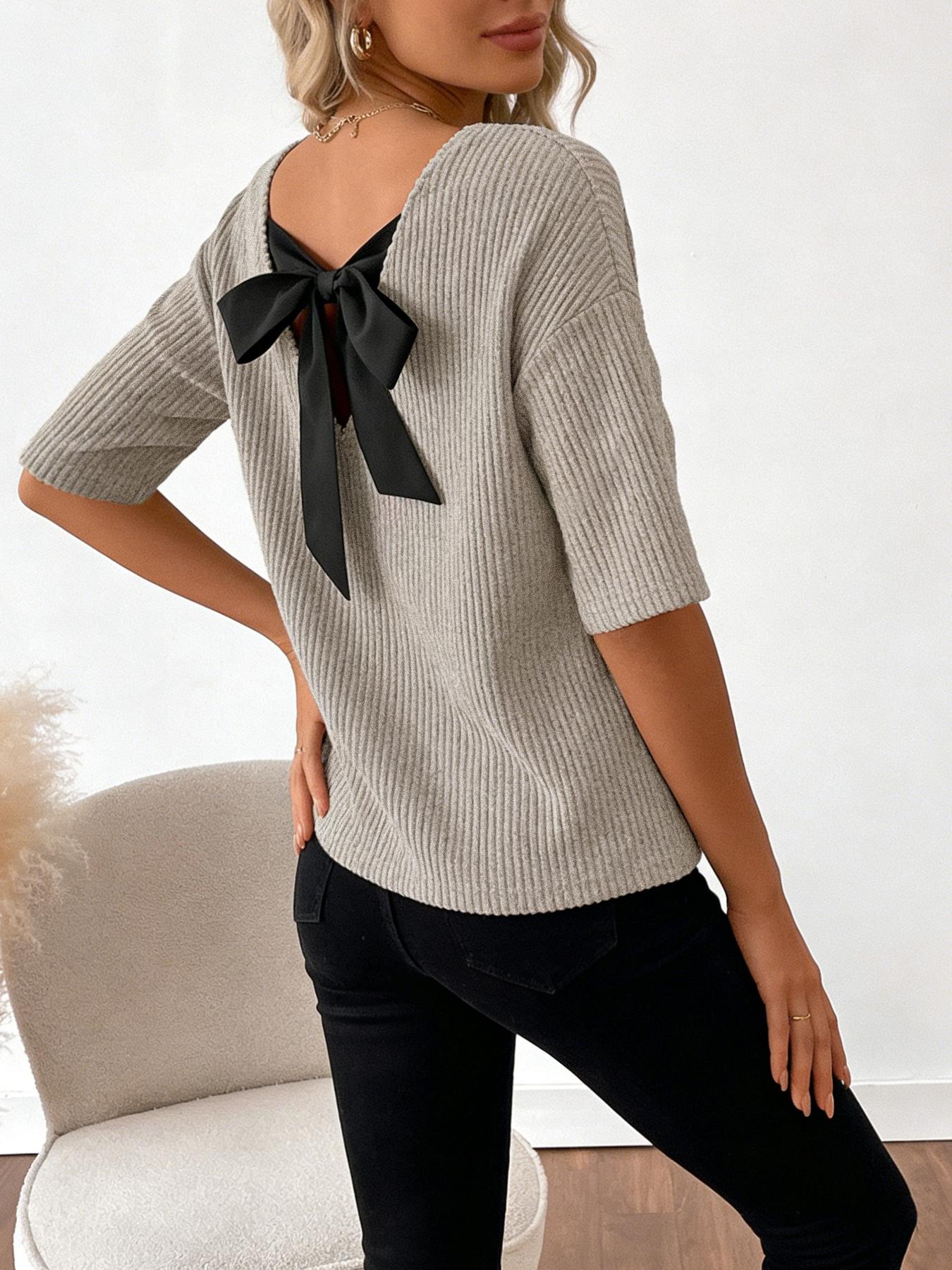 Women's 1pc Ribbed V-Neck Short-Sleeve Blouse , Soft Elastic Stretchy Knitted Knit Fabric & Adjustable Back Bow Tie Detail & Relaxed Oversized Silhouette & Curved Hem Design (Minimalist Casual Chic Style) Tops Womenswear