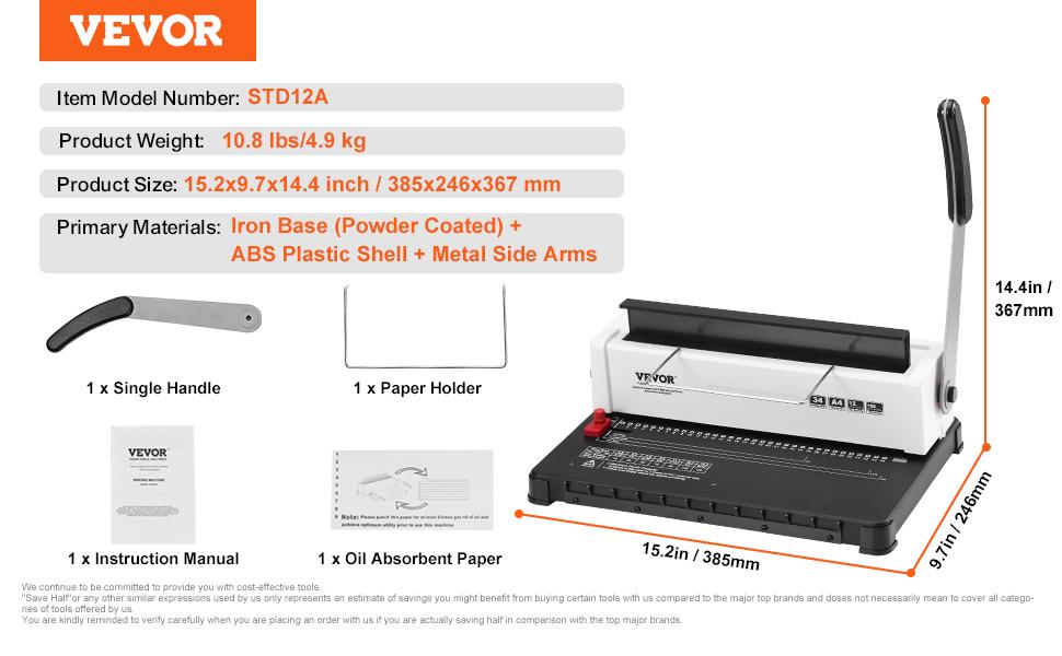 VEVOR Manual Press Coil Spiral Binding Machine, 34-Holes Handle Lever Press Binder with Adjustable Margins, 120-Sheet Capacity, 3/16"-9/16" Coil Spines for Letter/A4/A5 Sizes