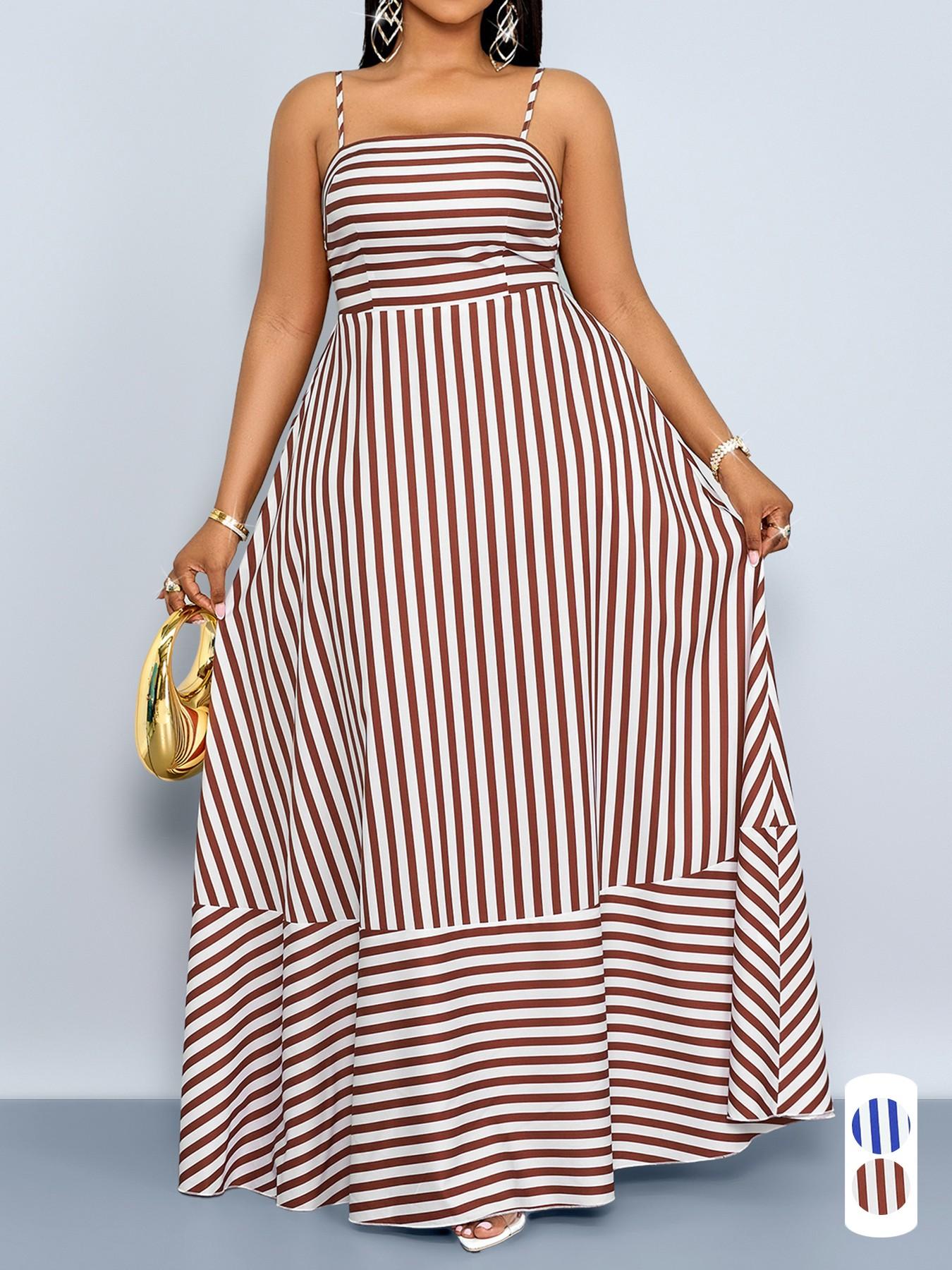 Summer Casual Elegant Striped Women's Plus Size Dress, Thin Strap off Shoulder Waist Cinching Pockets, Perfect for Vacation Beach Commuting, Casual Wear
