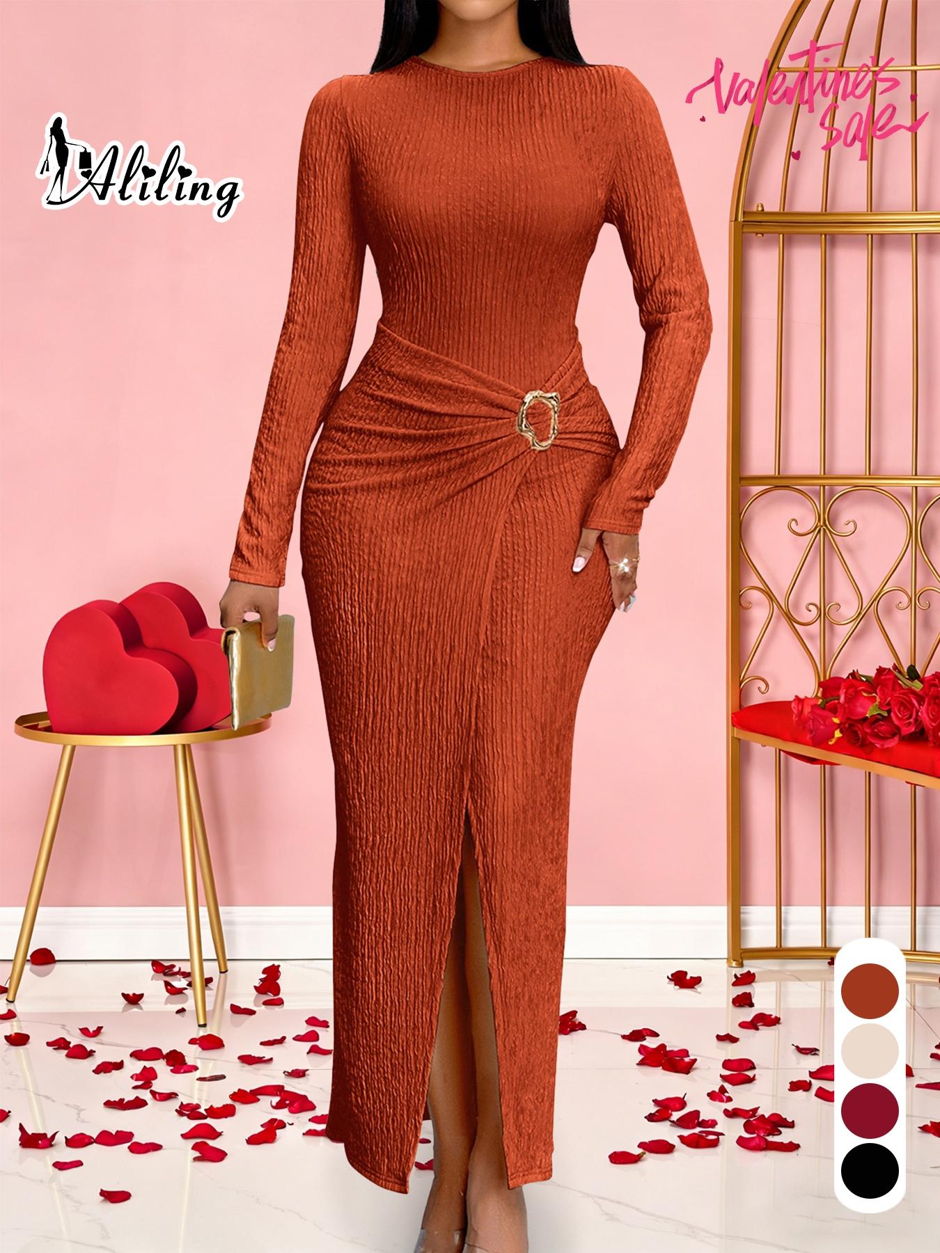 Aliling Women For Dresses Round Neck Long Sleeve Slim Fit Slit Hem Long Dresses for Lady, Solid High Waist Bodycon Slim Female Elegant Party Clothing Casual