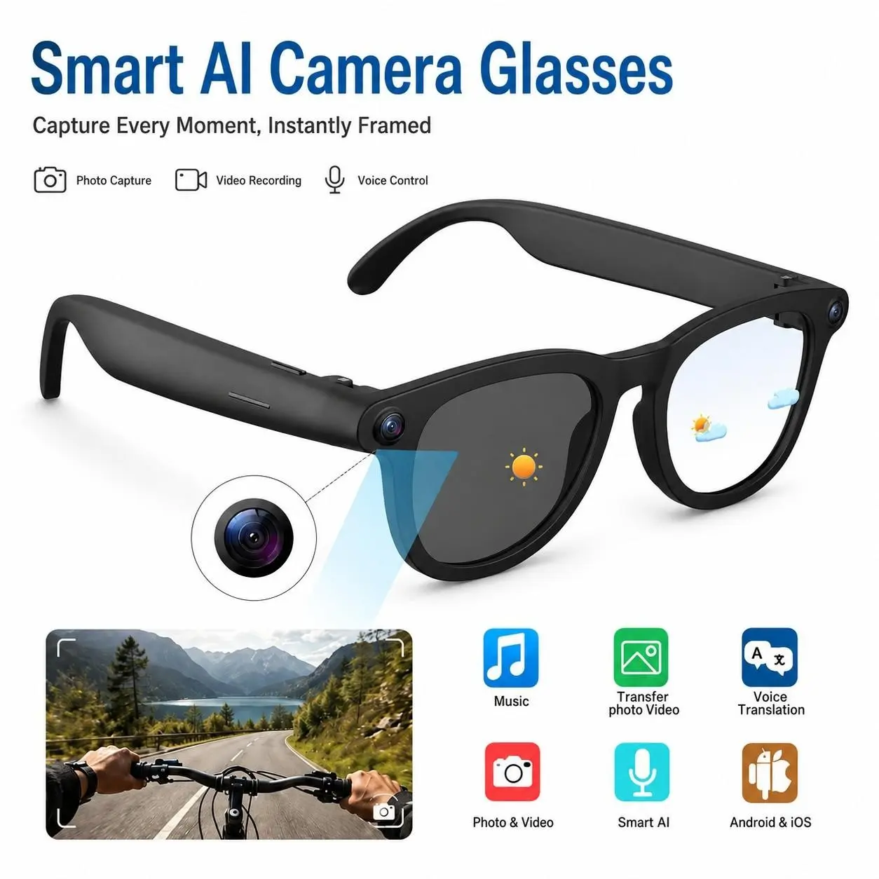 Photography AI intelligent Bluetooth glasses, capable of recording photos and videos, UV protection, blue light filtering, enhanced lighting, real-time language translation