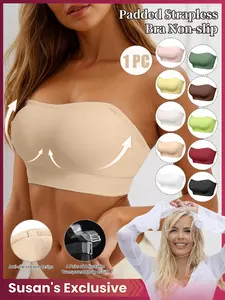Women’s Strapless Bra with Gathered Design, Wire-Free and Non-Slip Backless Style, Seamless Invisible Cup Bras for Ultimate Comfort