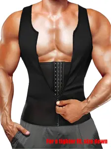 Men's Solid Zip Front Waist Trainer, Adjustable Body Shaper Vest, Shaping Vest, Zipper Vest, Zipper Compression Vest, Workout Gym Exercise Sweat Shirt, Men's Sport & Outdoor Clothing
