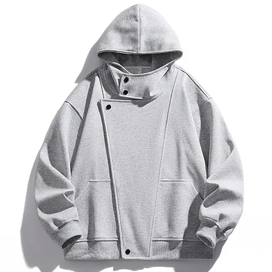 Men's Designer-Style Asymmetric-Placket Hooded Jacket - Cotton Blend Solid Plain Casual Wear, Loose Drop-Shoulder High-Collar Button Detail Multi-Pockets Outerwear for Autumn Winter Young Men Street-Style Daily Top#sohochic