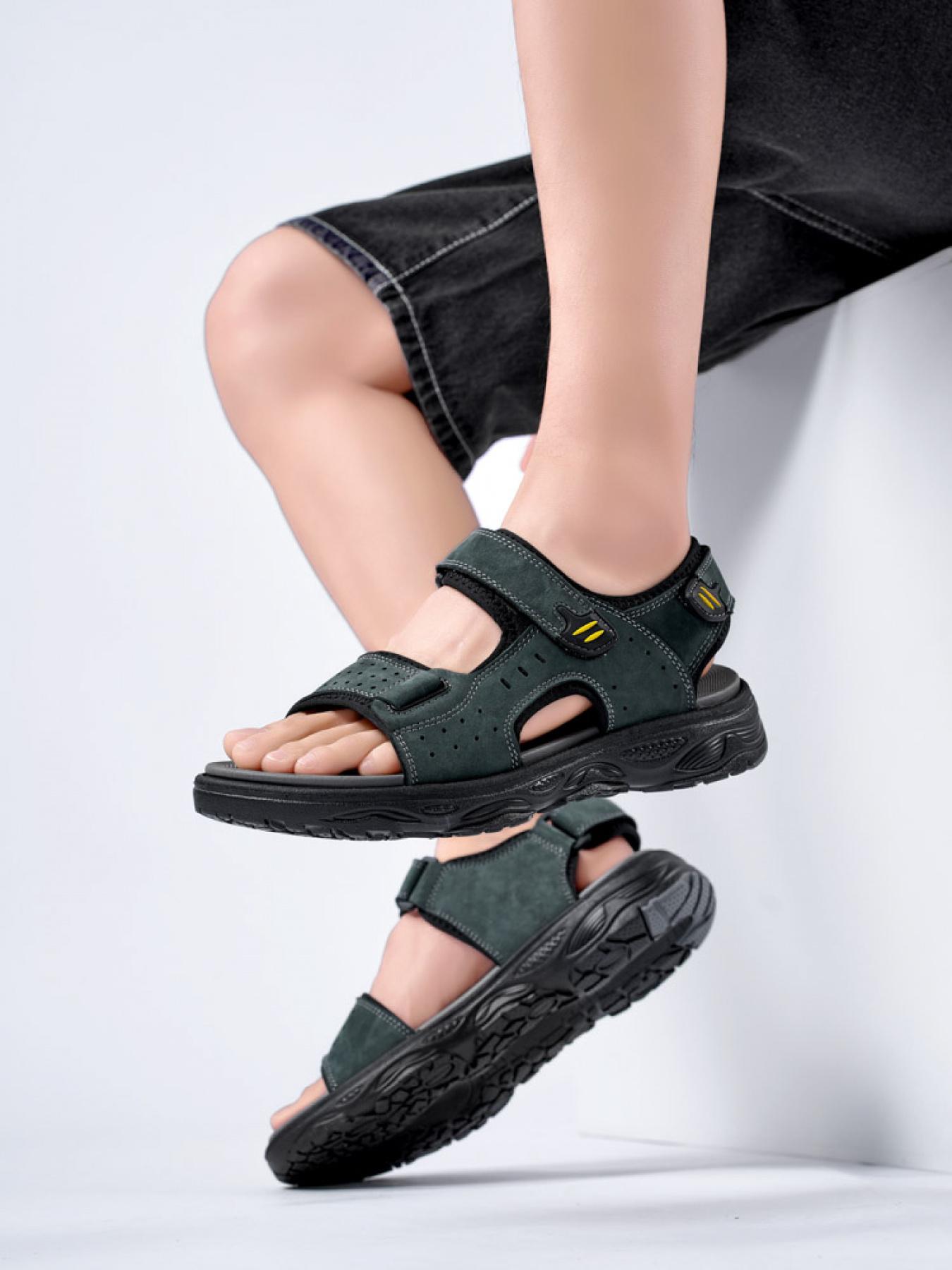 Men's Dark Gray Velcro Outdoor Sandals Breathable Non-Slip Beach Shoes Soft Sole Wear-Resistant Hiking Sandals