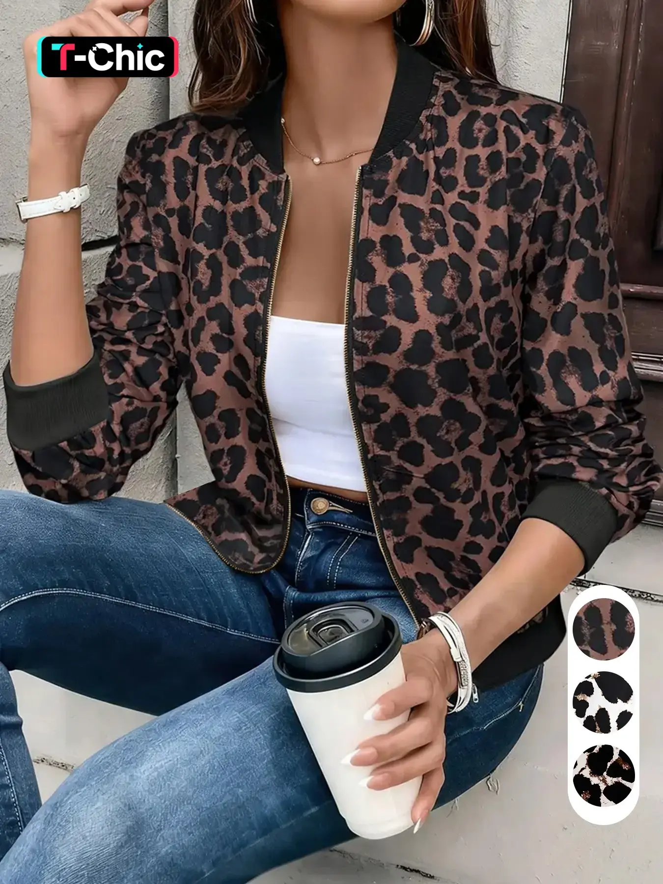 Women's Leopard Print Baseball Jacket, Casual Long Sleeve Zipper Outerwear, Slim-Fit H-Type Street Style, Ff2693