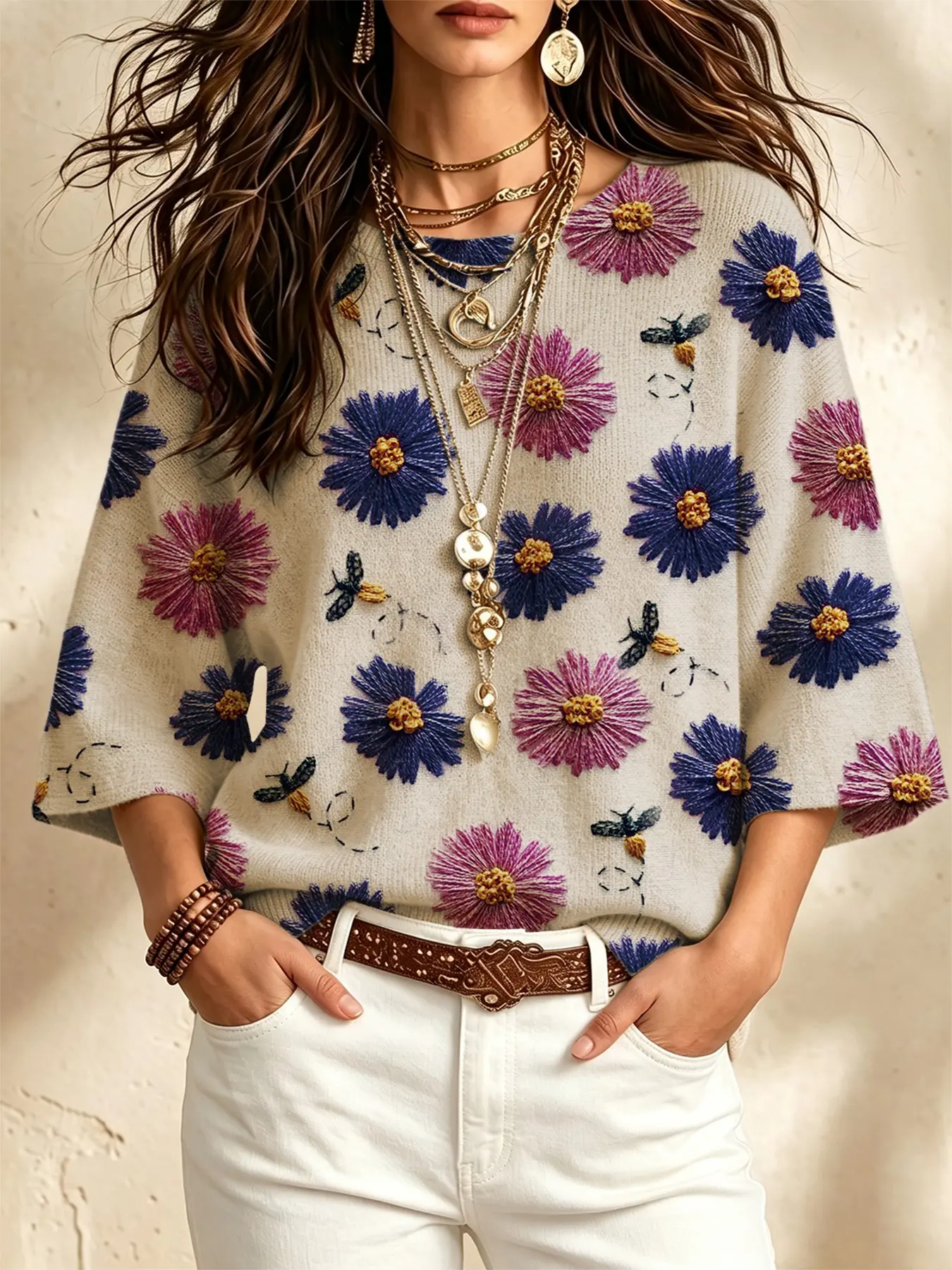 Women's Casual Loose Round Neck 3/4 Sleeve Knit Top, Floral Print Batwing Design, Fall Winter, Basic Social Wear