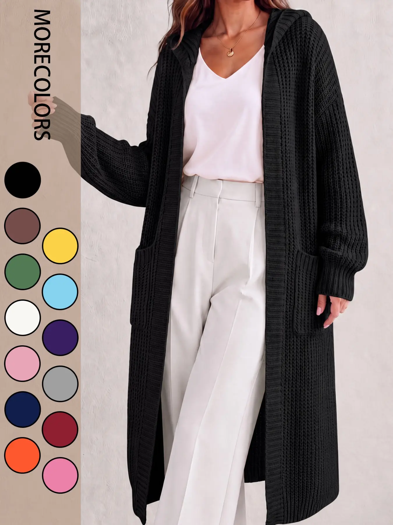 Hooded Long Knit Cardigan for Women, Open Front Chunky Knit Oversized Sweater Coat With Side Pockets, Fall Winter Casual Daily Layering Outerwear