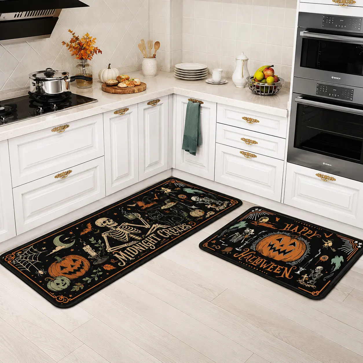 Vintage Halloween Kitchen Rugs and Mats Set of 2,Scary Halloween Pumpkin Skeleton Ghost Floor Mats,Non-Slip Washable Anti-Fatigue Kitchen Floor Mats for Kitchen Halloween Decor 16x24+17x47In