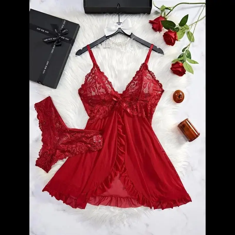 Women's Contrast Lace Ruffle Trim Wrap Cami Nightdress & Bow Front Panty Set, Comfort Fabric Adjustable Spaghetti Strap Backless Sleep Dress & Knicker Set, Underwear for Women, Fall Wear 2024, 2 Piece Sets