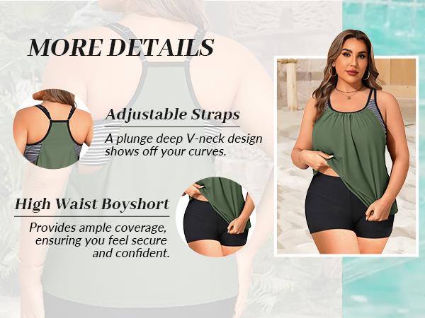 Tempt Me Women Plus Size Tankini Swimsuits - Two Piece Tummy Control Bathing Suits with Shorts Swimwear