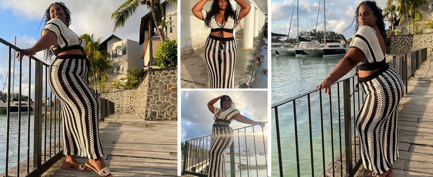 Skirt Sets Women 2 Piece Outfits Crochet Crop Tops and Striped Maxi Skirt Vacation Outfit Hawaiian outfit Featuring an openwork knit texture design Suitable for vacations, beaches, and cruises Valentine's Day