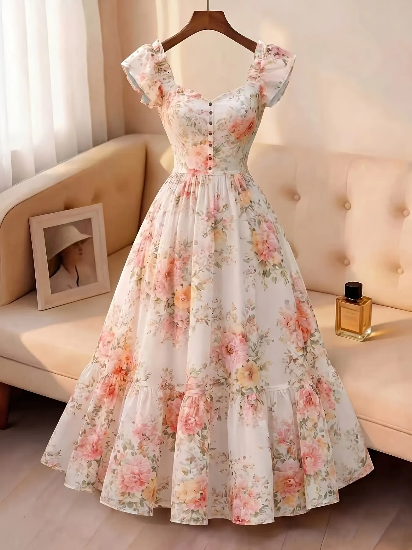 Women's Floral Print Long Dress, Square Neck, Flutter Sleeves, High Waist, Ruffled Hem, Lightweight, French Style, Perfect for Vacation and Dates