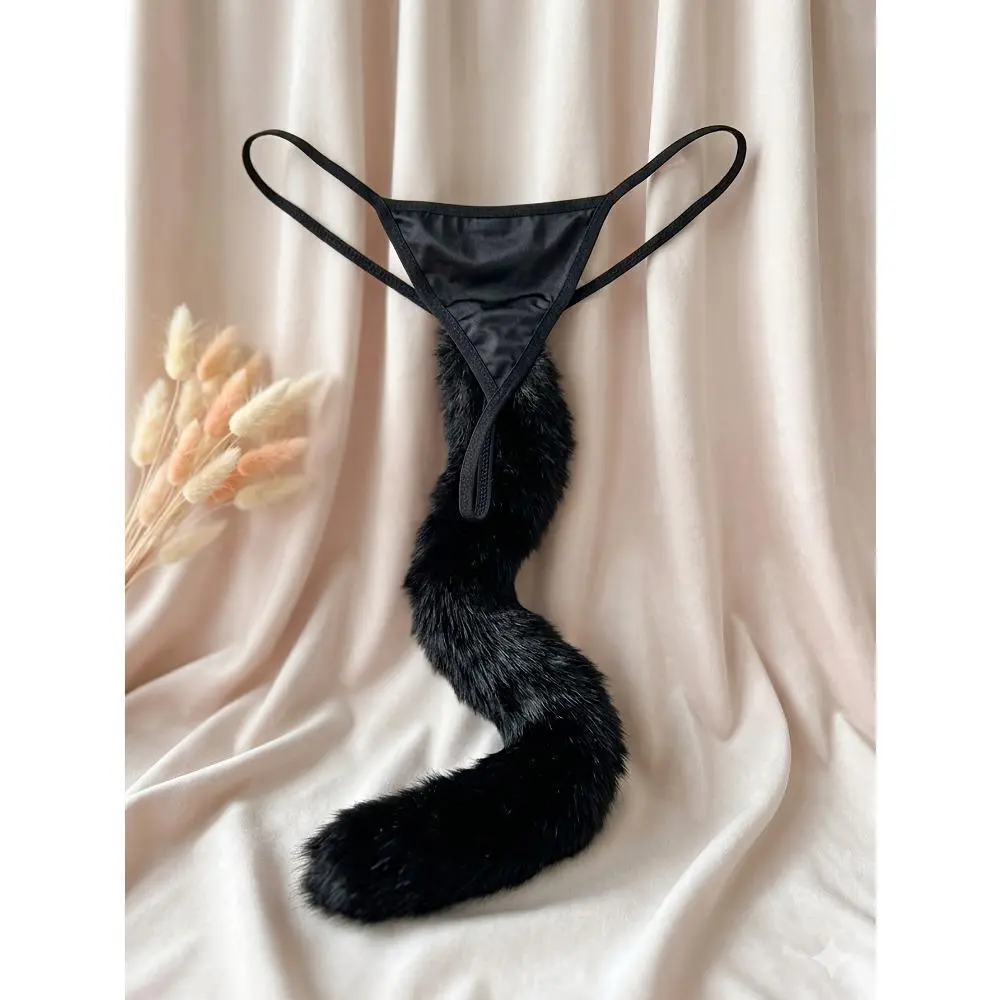 Lady's Fit Black Satin Panties - Smooth, Soft, Stretchy Reusable Thong Lingerie with Fluffy Faux Fur Tail for Halloween Cosplay, Romance - Sports & Outdoor Protective Gear Fabric Underwear