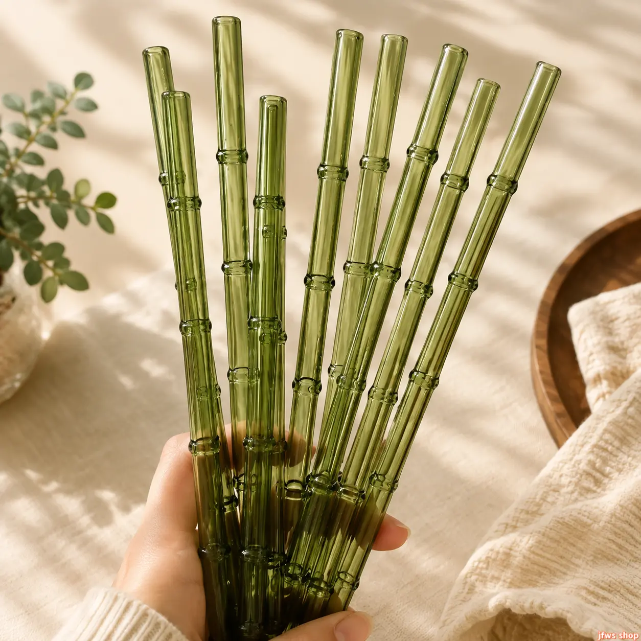 4-Pack Safe Heatproof Amber Bamboo Textured Ridged Glass Straws, BPA-Free Reusable Straight & Curved Set with Cleaning Brush for Bubble Tea, Daily Use (Sports & Outdoor Companion), Natural, Ridges