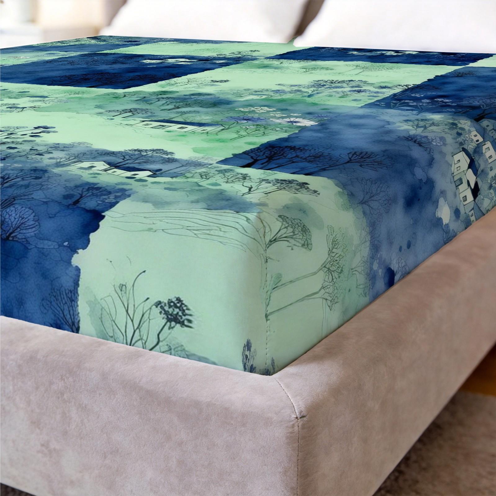 3 Pcs Watercolor Landscape Checkered Fitted Sheet Set, HD Digital Printed Fitted Sheet (No Insert), Soft Breathable Deep Pocket Mattress Cover, Aesthetic Bedroom Decor Bedding Set